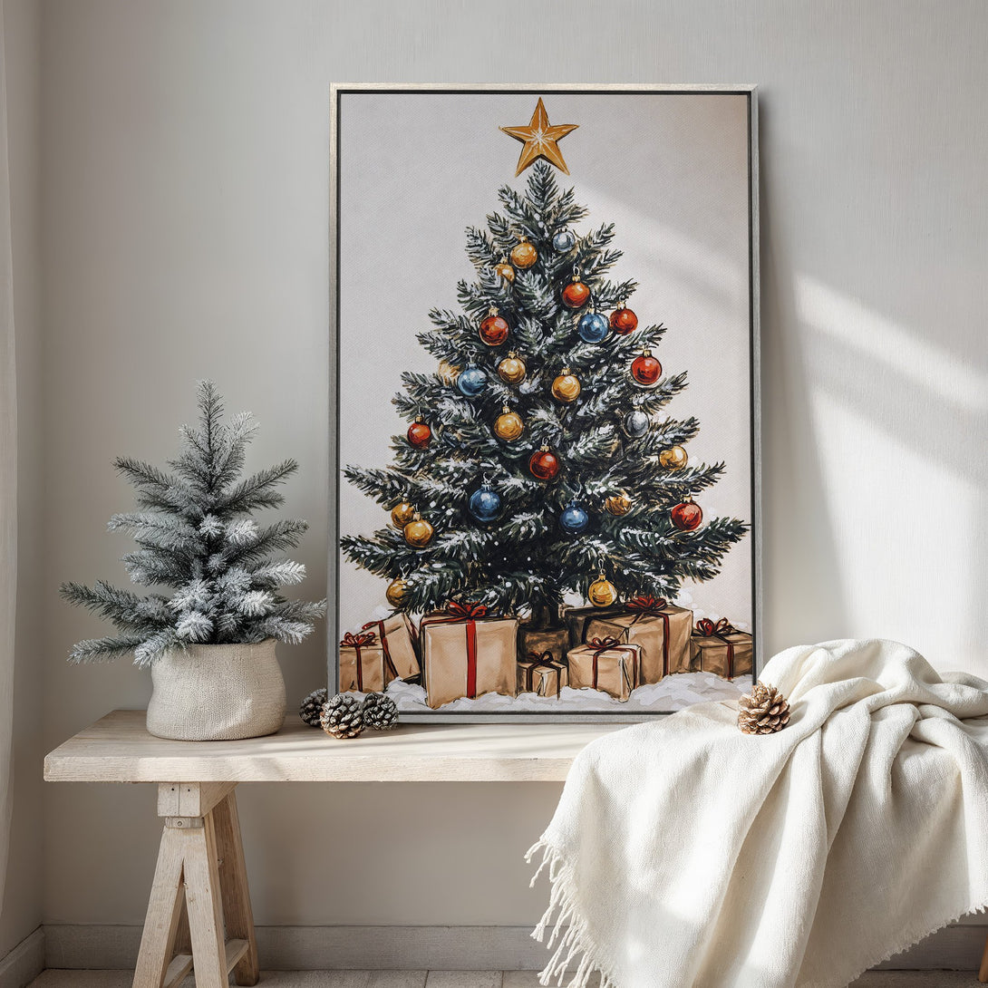 Framed Wall Art of a Christmas tree with ornaments and presents, in a watercolor style with a neutral color palette. Perfect holiday decor!