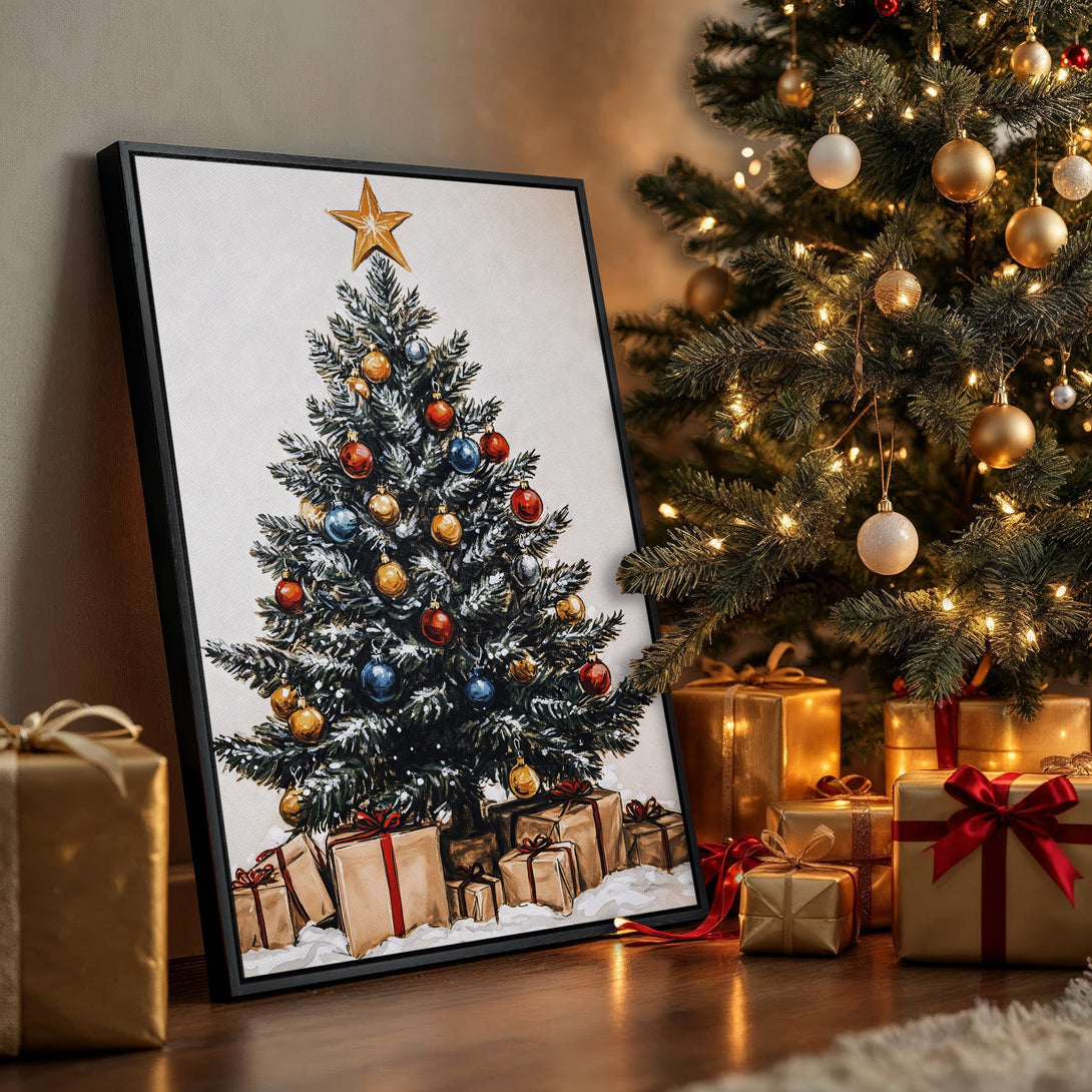Framed Wall Art: Watercolor Christmas tree print with warm gold, red, and blue accents. Perfect holiday decor for a cozy, festive interior.