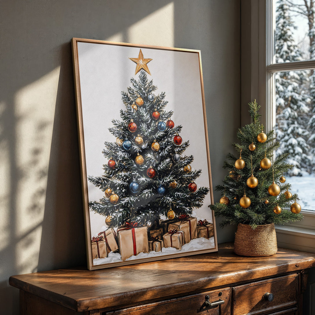Framed Wall Art featuring a festive Christmas tree illustration. Warm, inviting color palette with green, gold, and red tones. Perfect holiday decor!