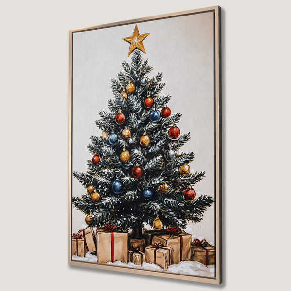 Framed Wall Art featuring a festive Christmas tree illustration with colorful ornaments and gifts. Warm, inviting color palette perfect for holiday decor.