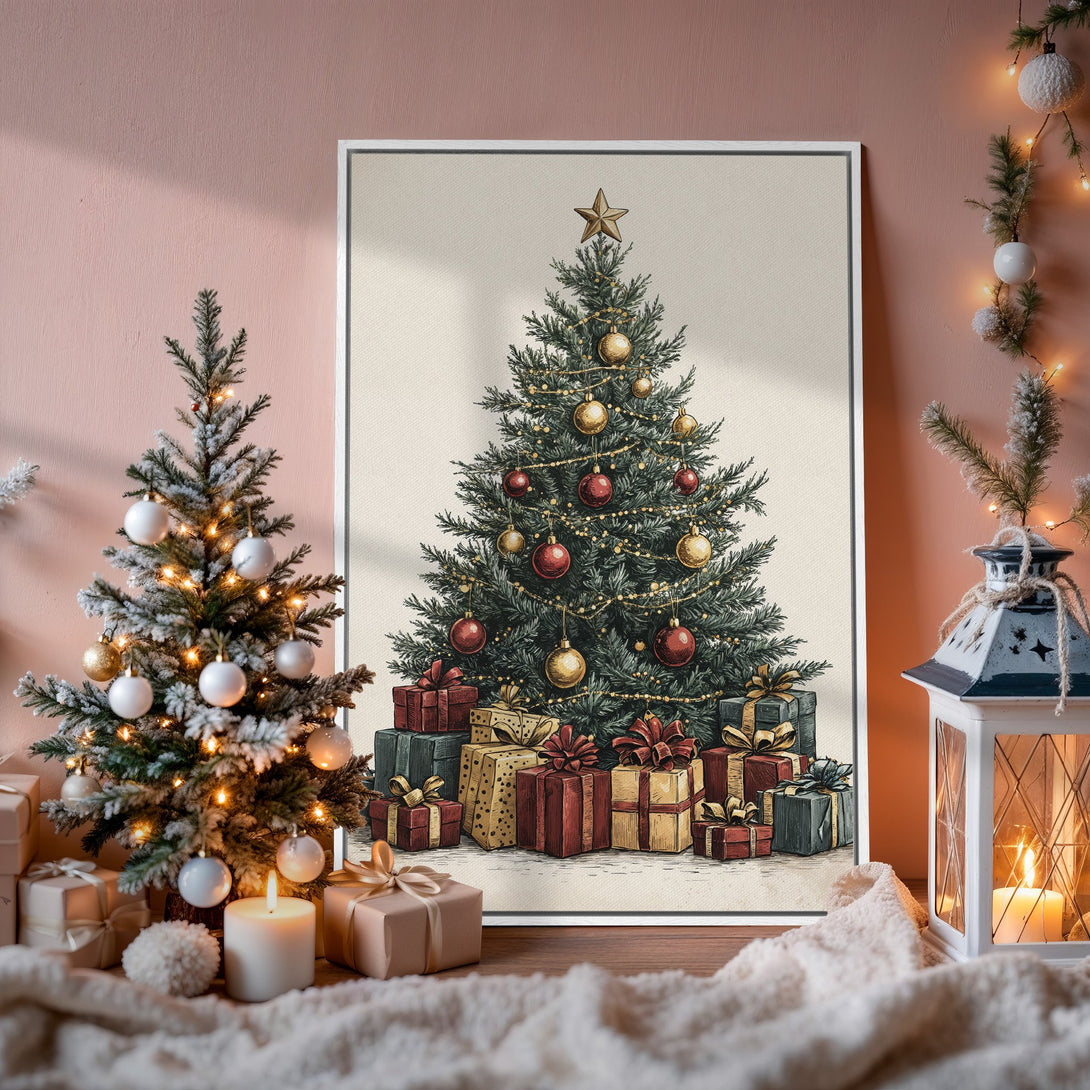 Framed Wall Art featuring a vintage Christmas tree, warm color palette. Perfect holiday decor. Canvas Print adds cozy charm to your home.