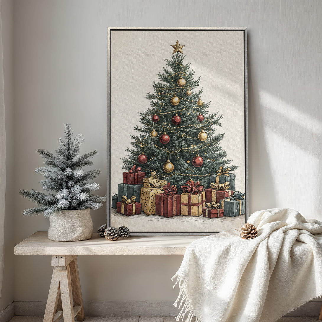 Framed Wall Art: Festive Christmas tree print in a cozy interior. Featuring a vintage style, warm color palette with reds, greens, and golds. Perfect holiday decor!