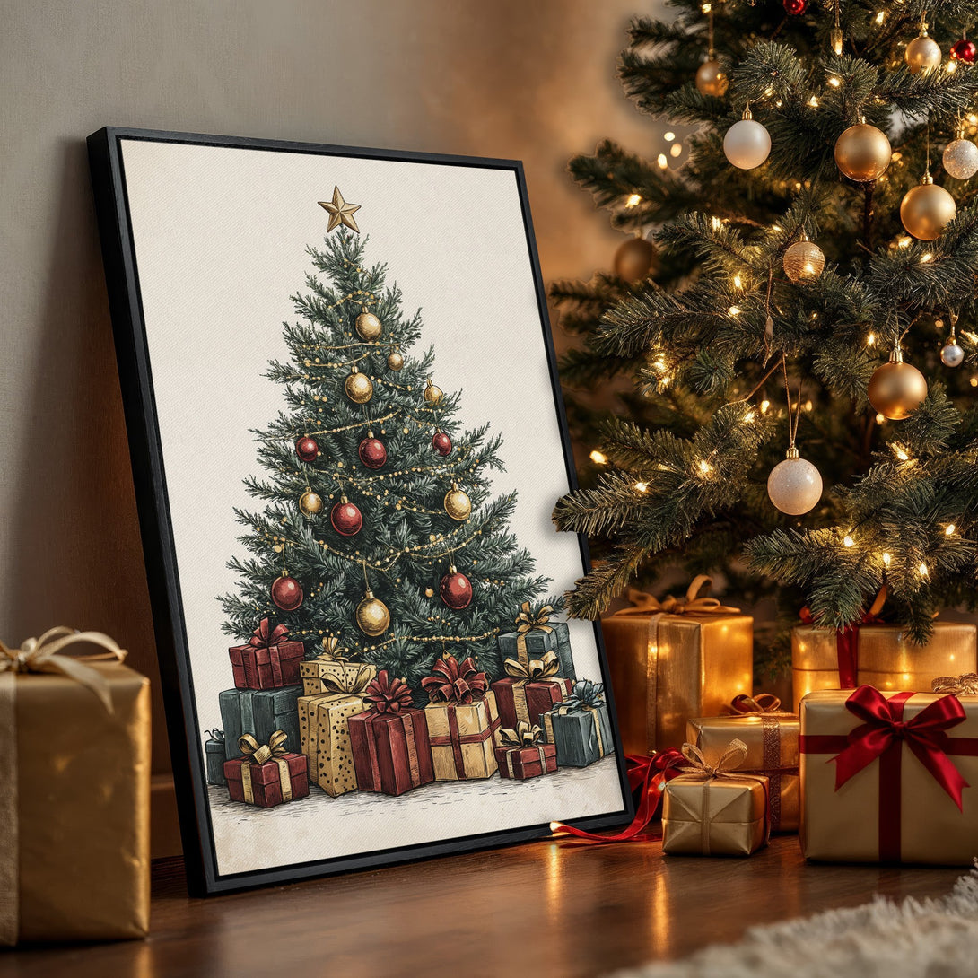 Framed Wall Art: Festive Christmas tree illustration with warm gold, red, and green tones. Perfect holiday decor for your home!