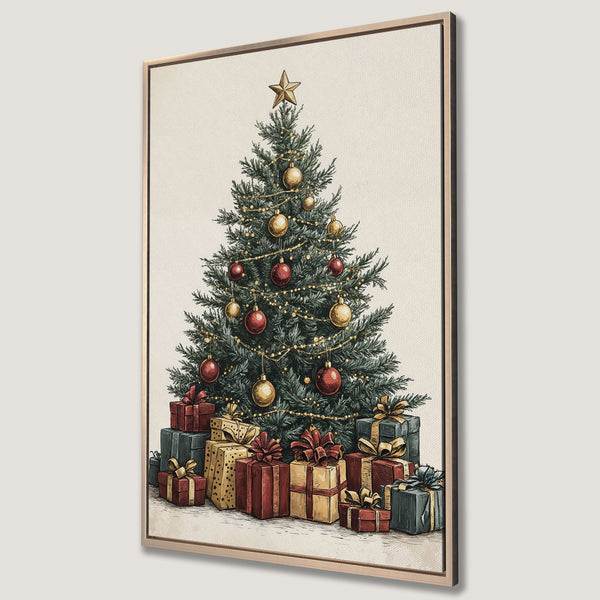 Framed Wall Art: Christmas tree canvas print in vintage style with green, red, and gold color palette. Perfect holiday decor for your home!