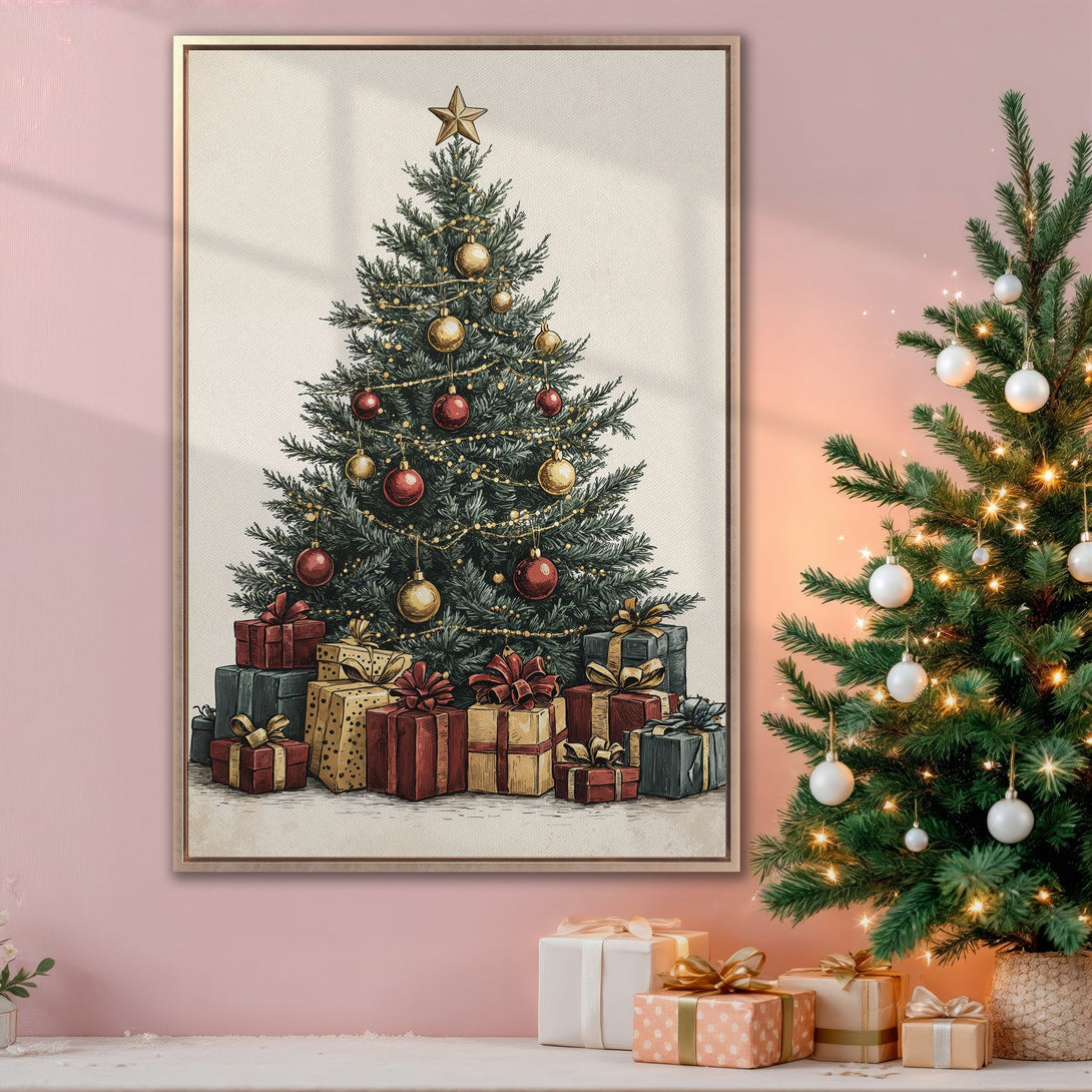 Framed Wall Art featuring a festive Christmas tree illustration with gifts, in a vintage style, warm red and gold color palette. Perfect holiday decor!