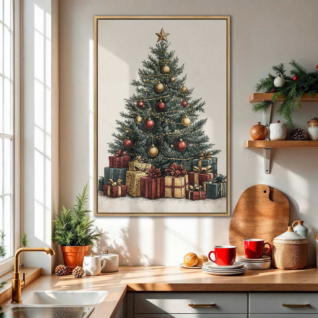 Framed Wall Art: Christmas tree illustration with red, gold, and green accents. Perfect holiday decor for your home. Warm, inviting color palette.