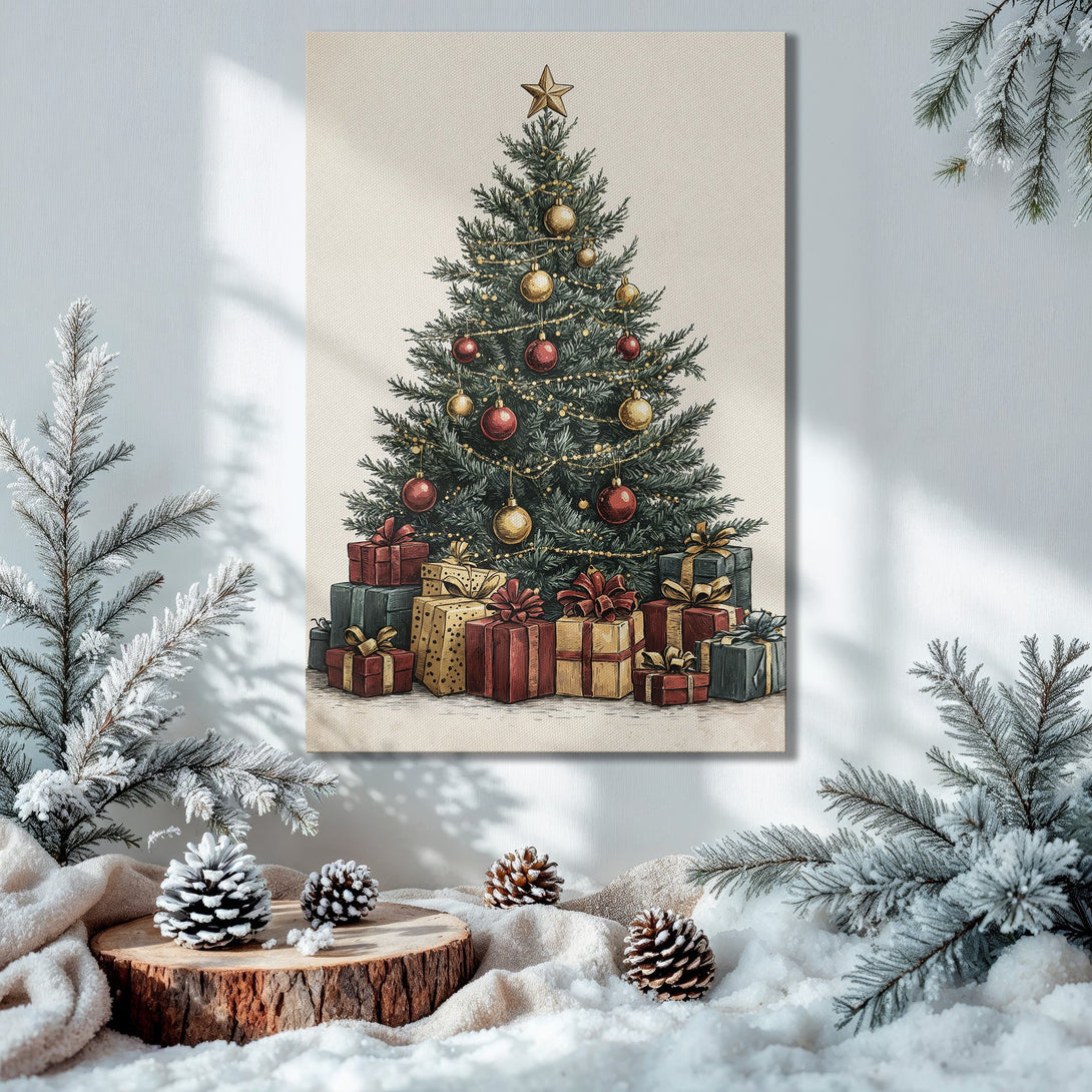 Framed Wall Art: Festive Christmas tree illustration in a cozy interior. Warm gold, red, and green color palette. Perfect holiday decor!