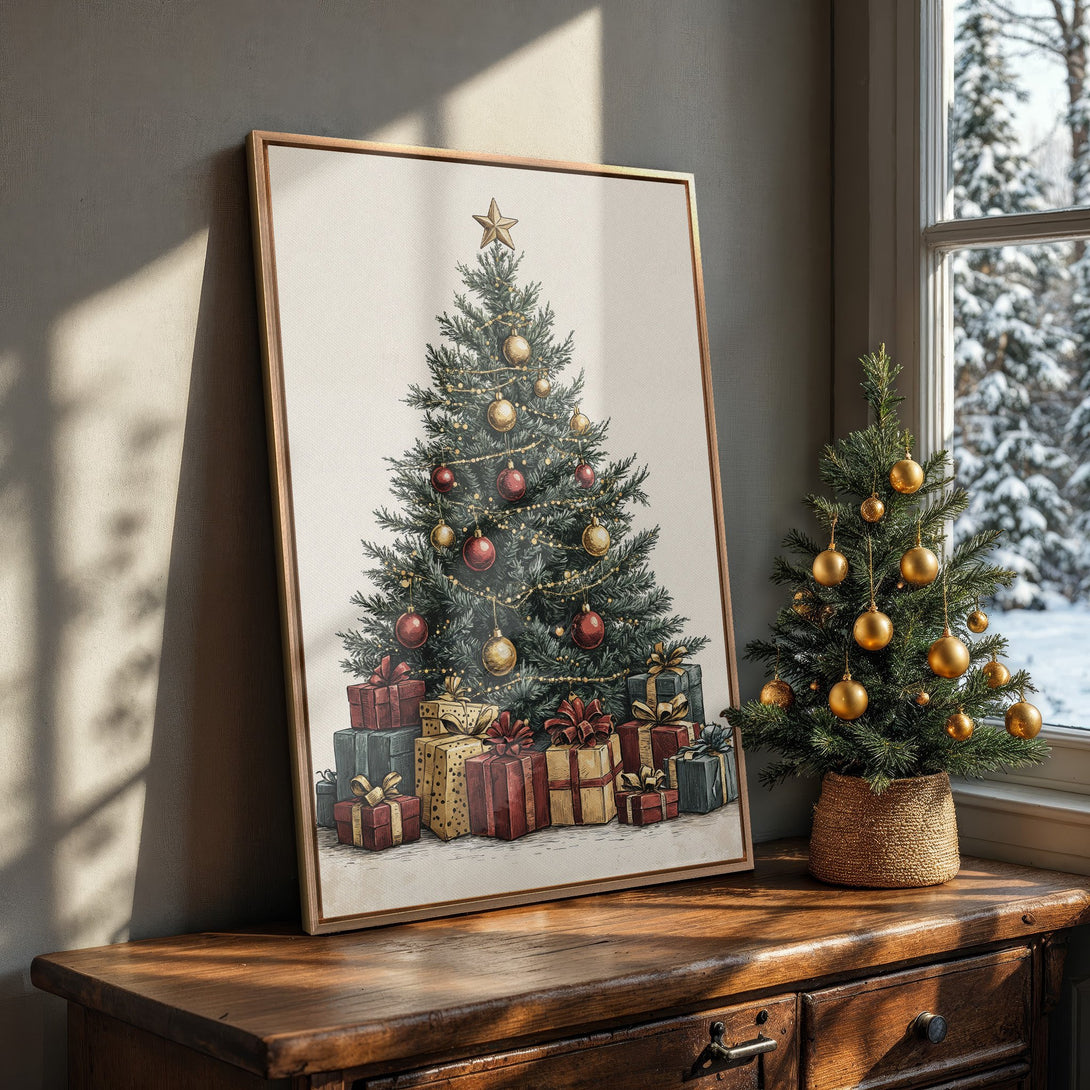 Framed Wall Art: Festive Christmas tree illustration in a cozy interior. Warm color palette with reds, golds, and greens. Perfect holiday decor!
