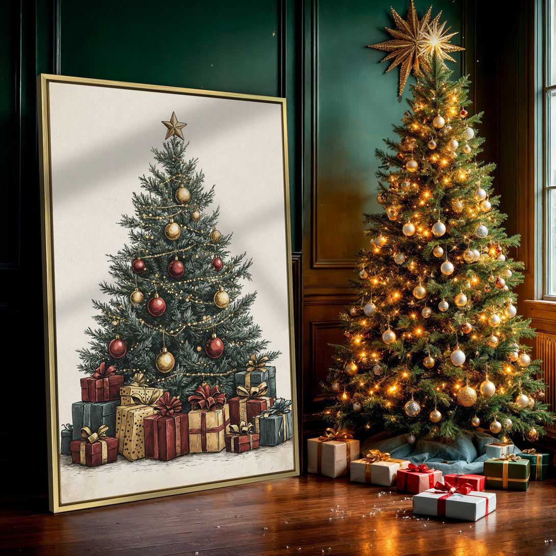 Canvas Print of a festive Christmas tree illustration, featuring a warm color palette with red, gold, and green hues. Perfect holiday wall art.