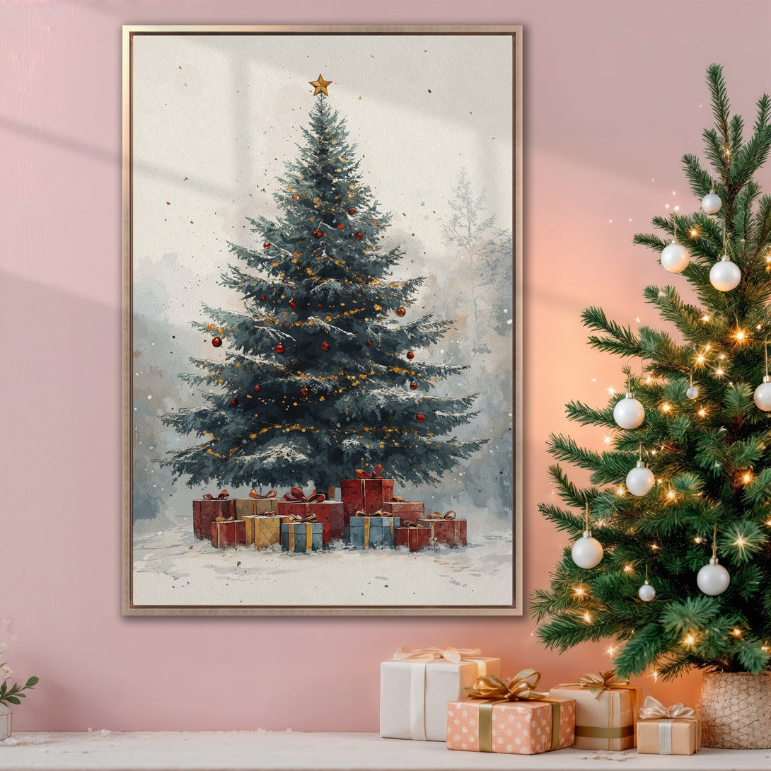 Framed Wall Art: Watercolor Christmas tree print with red and gold accents, displayed in a cozy interior. Perfect holiday decor in a warm, inviting color palette.