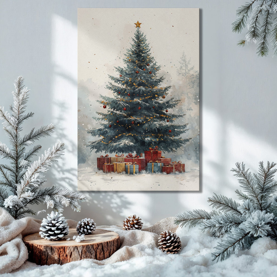Framed Wall Art: Watercolor Christmas tree print with gold frame, displayed in cozy interior with warm gold and green color palette. Perfect holiday decor.