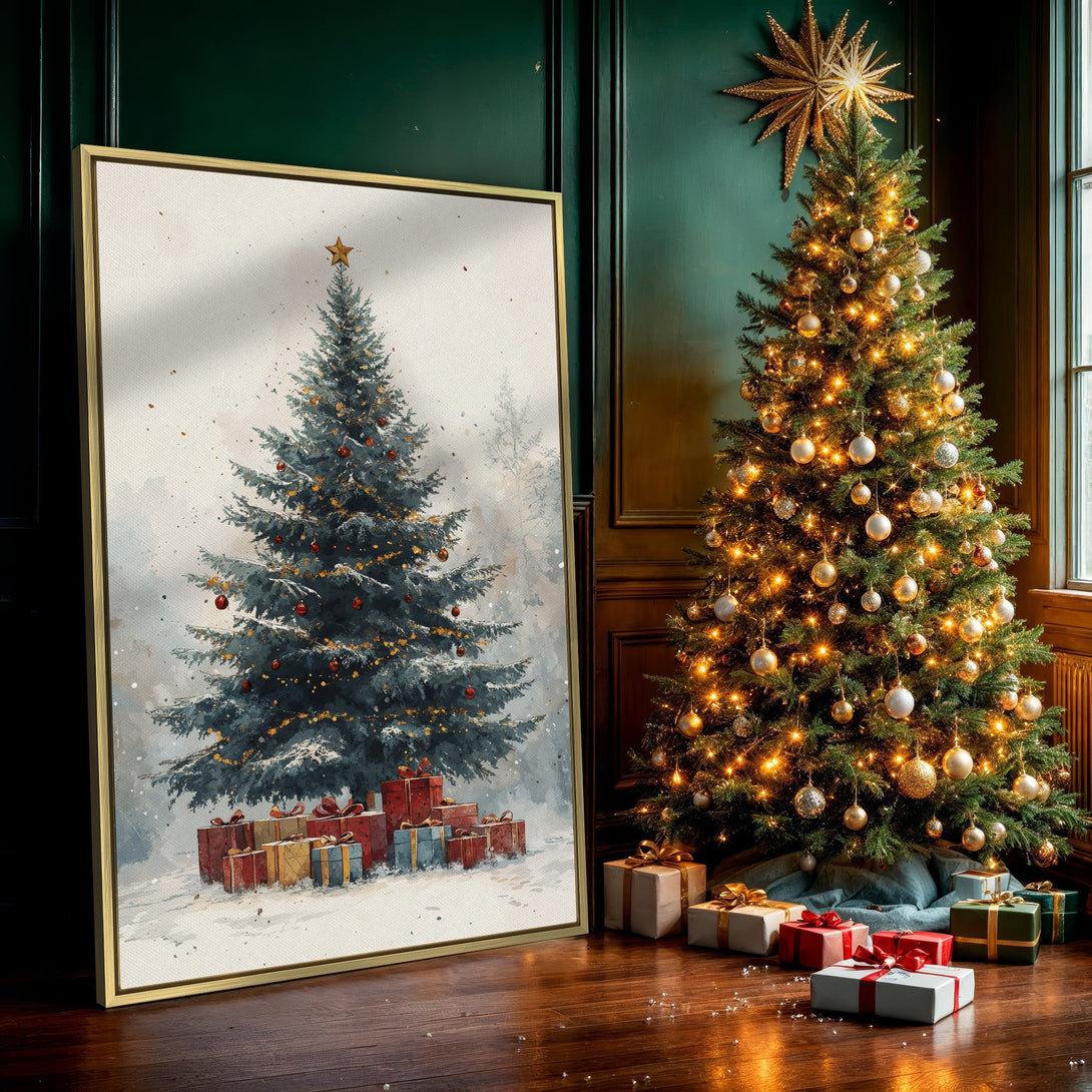 Canvas Print of a watercolor Christmas tree in a snowy scene. Festive wall art with a blue, red, and gold color palette.