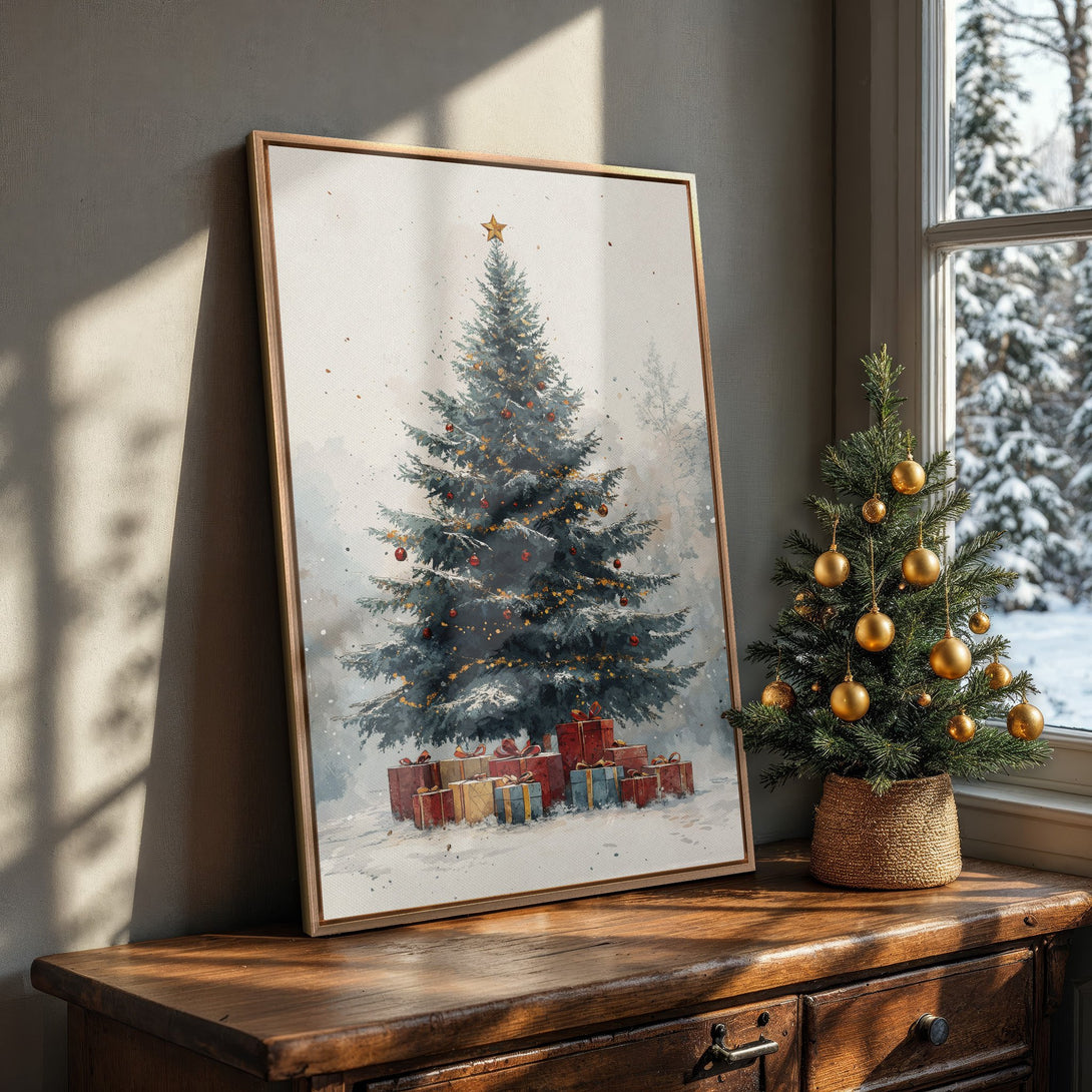Framed Wall Art: Watercolor Christmas tree print in a cozy interior. Featuring a wintery blue, red, and gold color palette. Perfect holiday decor!