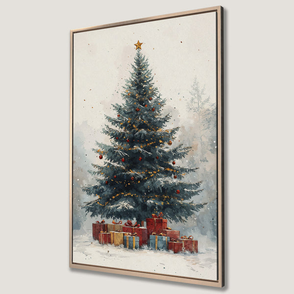 Framed Wall Art: Watercolor Christmas tree with gifts, snowy scene. Blue, red, and gold color palette. Perfect holiday decor!