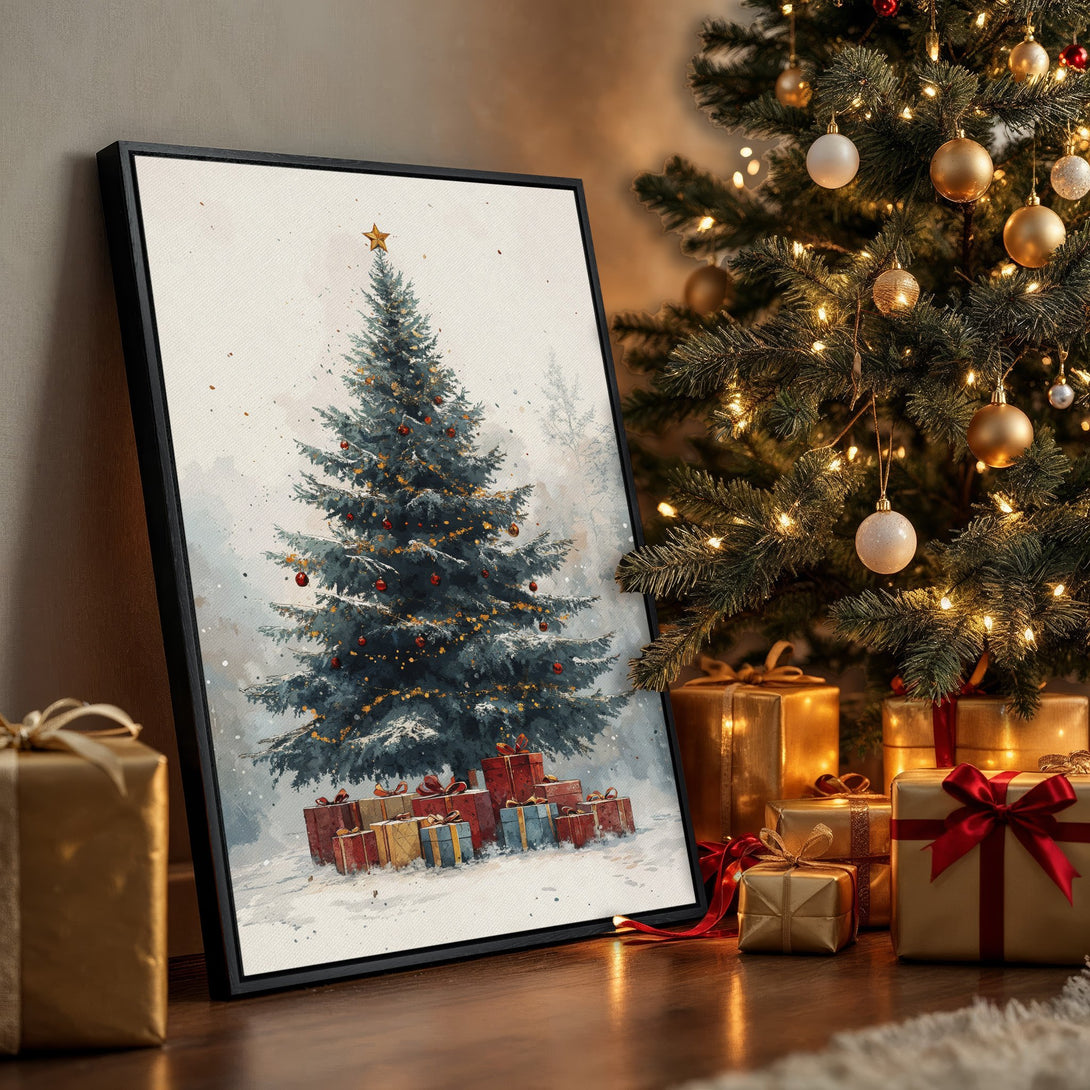 Framed Wall Art: Watercolor Christmas tree print with a festive, warm color palette. Perfect holiday home decor!