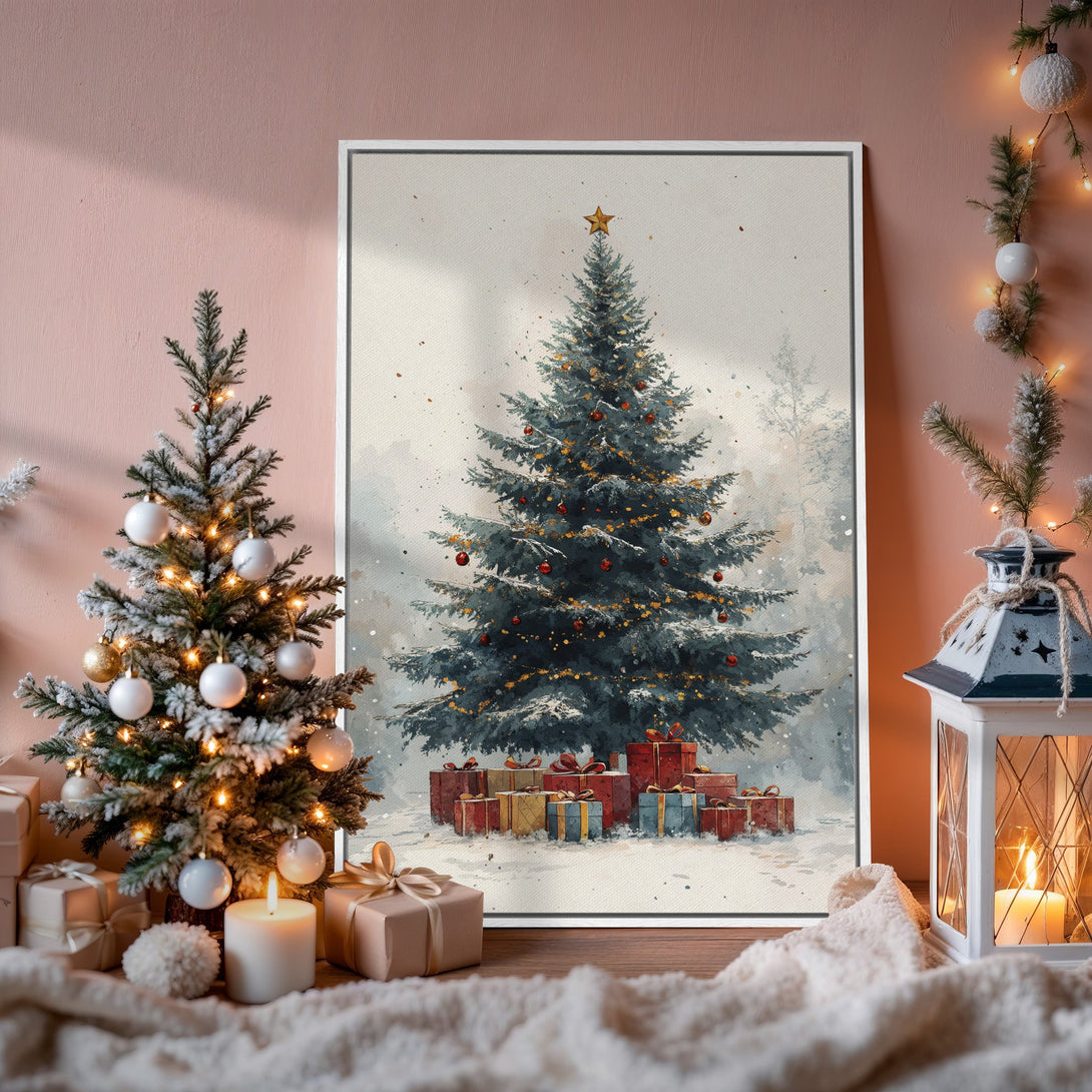 Framed Wall Art: Watercolor Christmas tree print with a cozy, warm color palette. Perfect holiday decor for a festive home!