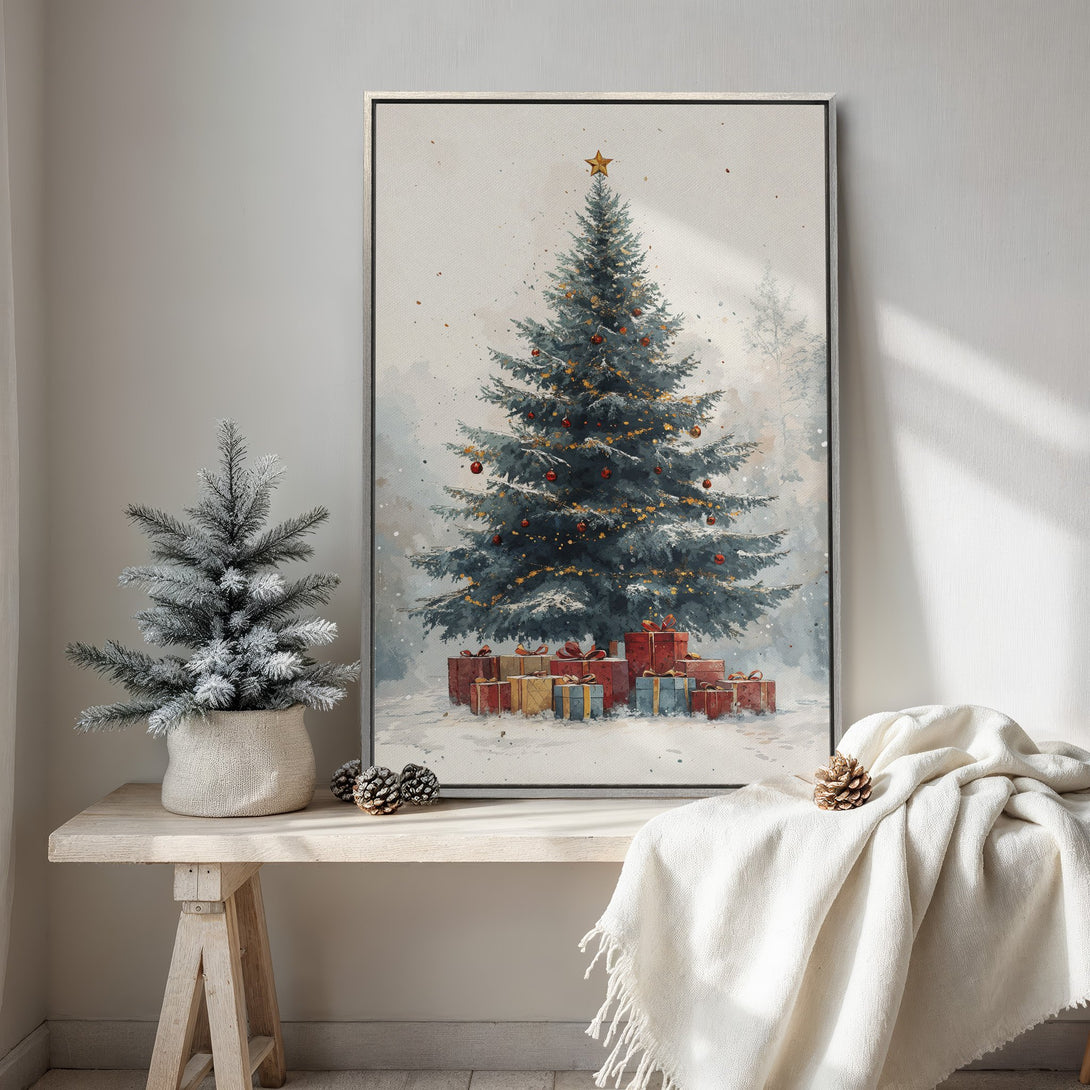 Framed Wall Art: Watercolor Christmas tree print in a cozy interior. Blue, red, and gold color palette. Perfect holiday decor for your home!