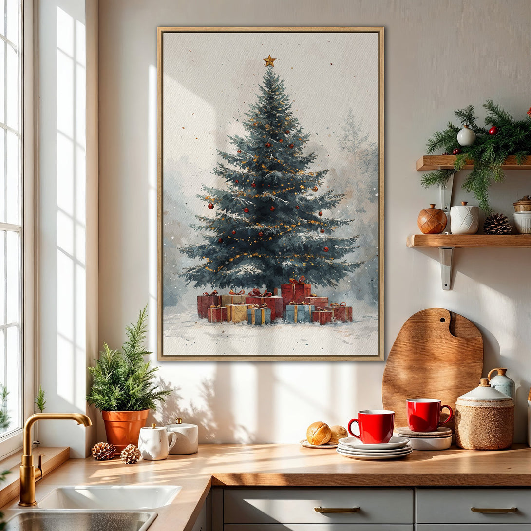 Framed Wall Art featuring a watercolor Christmas tree in a snowy landscape. Beautiful blue, red, and gold color palette. Perfect holiday decor!