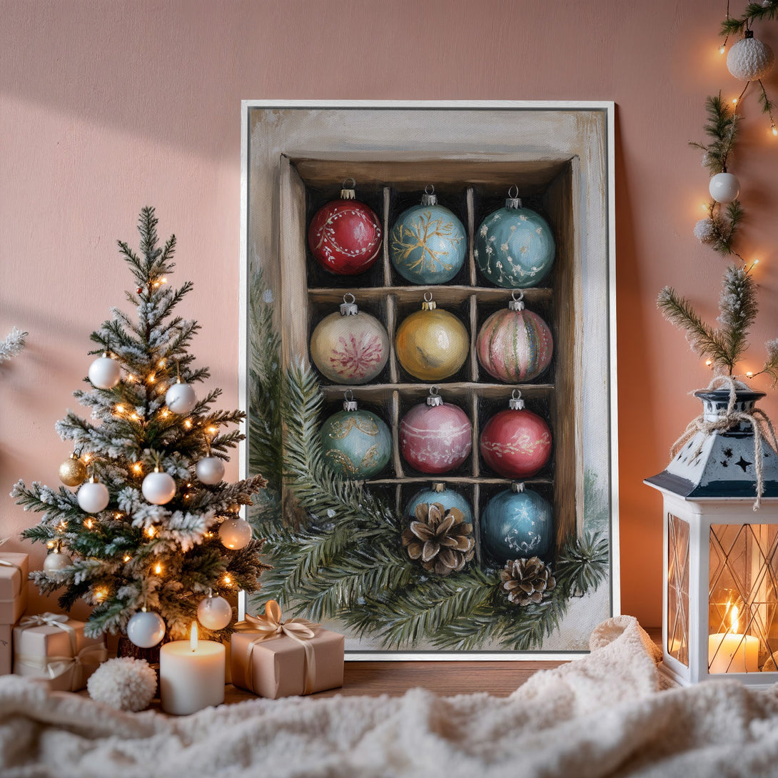 Framed Wall Art: Festive Christmas ornament painting in a warm, inviting interior. Featuring a cozy color palette of reds, greens, and golds. Perfect holiday decor.