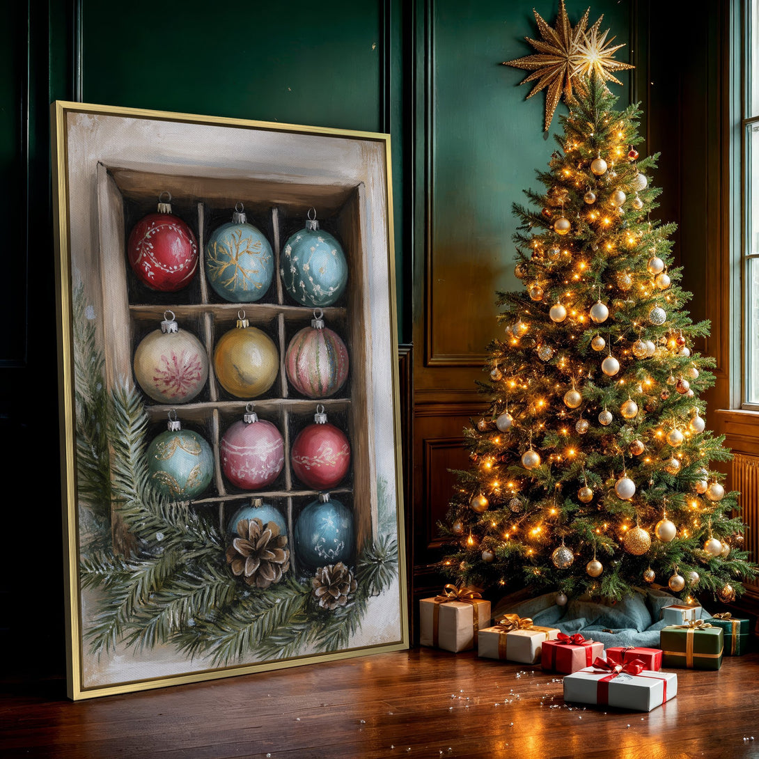 Framed Wall Art featuring vintage Christmas ornaments in a rustic wooden box. Warm, inviting color palette with red, blue, and gold tones. Perfect holiday decor!