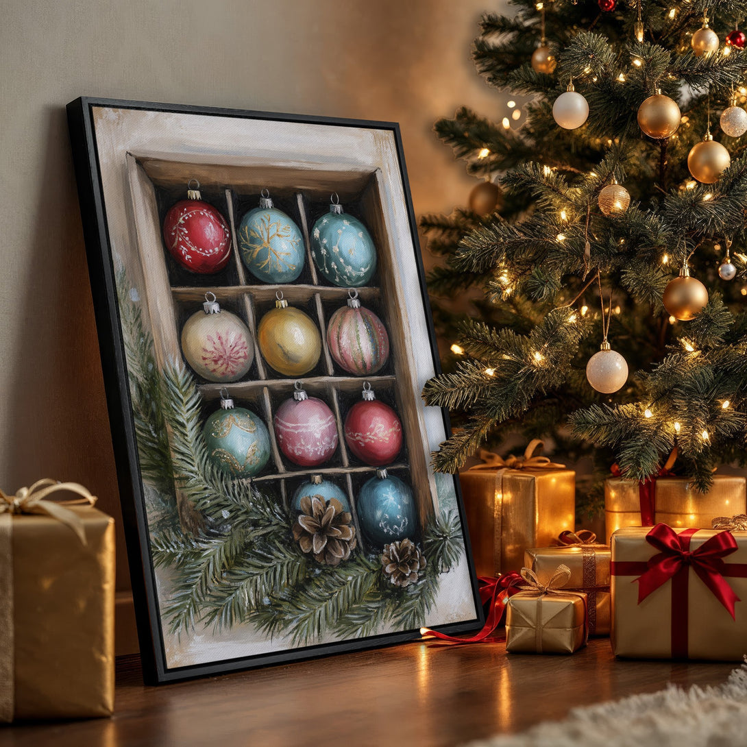Framed Wall Art featuring Christmas ornaments in a rustic style, with a warm, festive color palette. Perfect holiday decor!