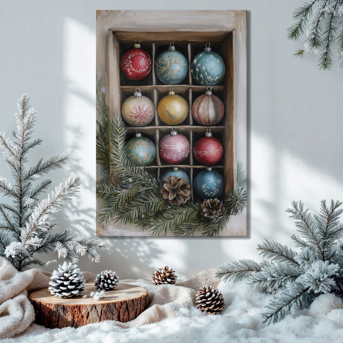 Framed Wall Art: Festive Christmas ornament painting in a warm, inviting interior. Features a rich color palette of greens, golds, and reds.