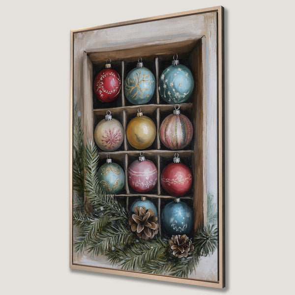 Framed Wall Art: Festive Christmas ornament painting with a warm, rustic feel. Features colorful baubles in a wooden box, green foliage, and a neutral color palette.
