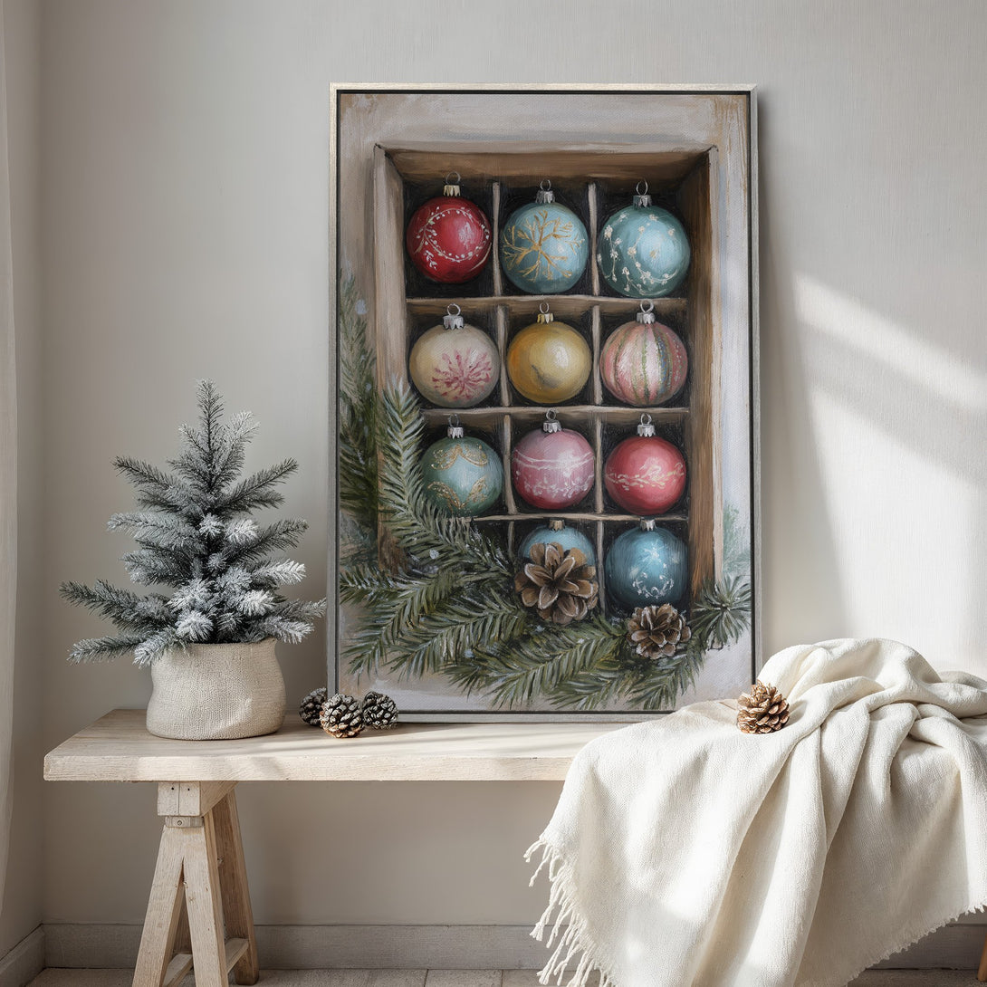 Framed Wall Art featuring a Christmas ornament painting in a warm, neutral color palette. Perfect holiday decor for a cozy, inviting home.