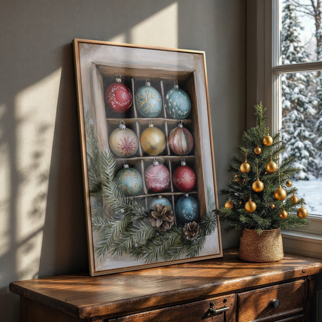 Framed Wall Art: Vintage Christmas ornament print with a warm, rustic aesthetic. Features a soft, muted color palette with pops of red, blue, and gold. Perfect holiday decor!