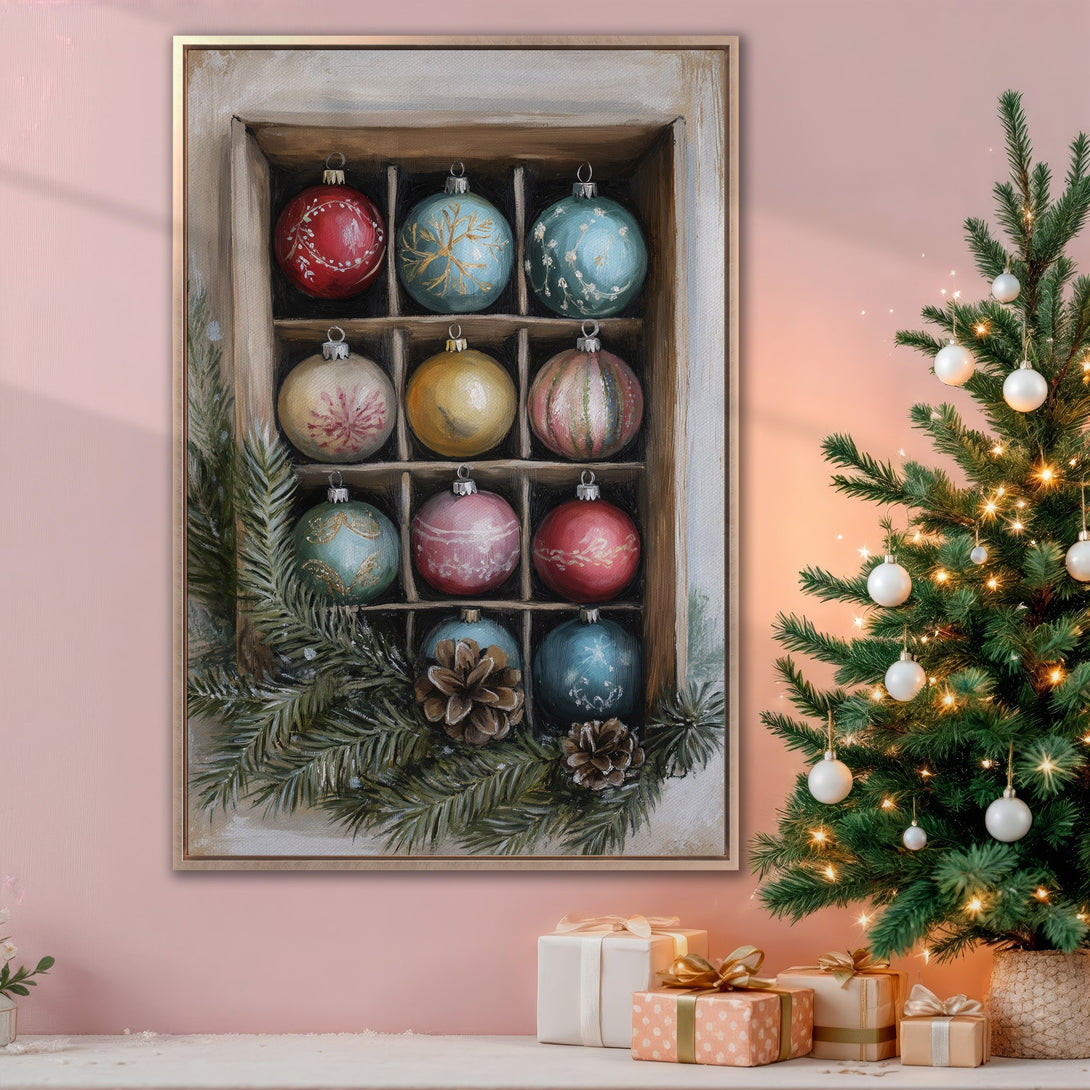 Framed Wall Art: Vintage Christmas ornament print in soft pastel colors. Perfect holiday decor, adding warmth and charm to any space. Shop now for festive wall art!