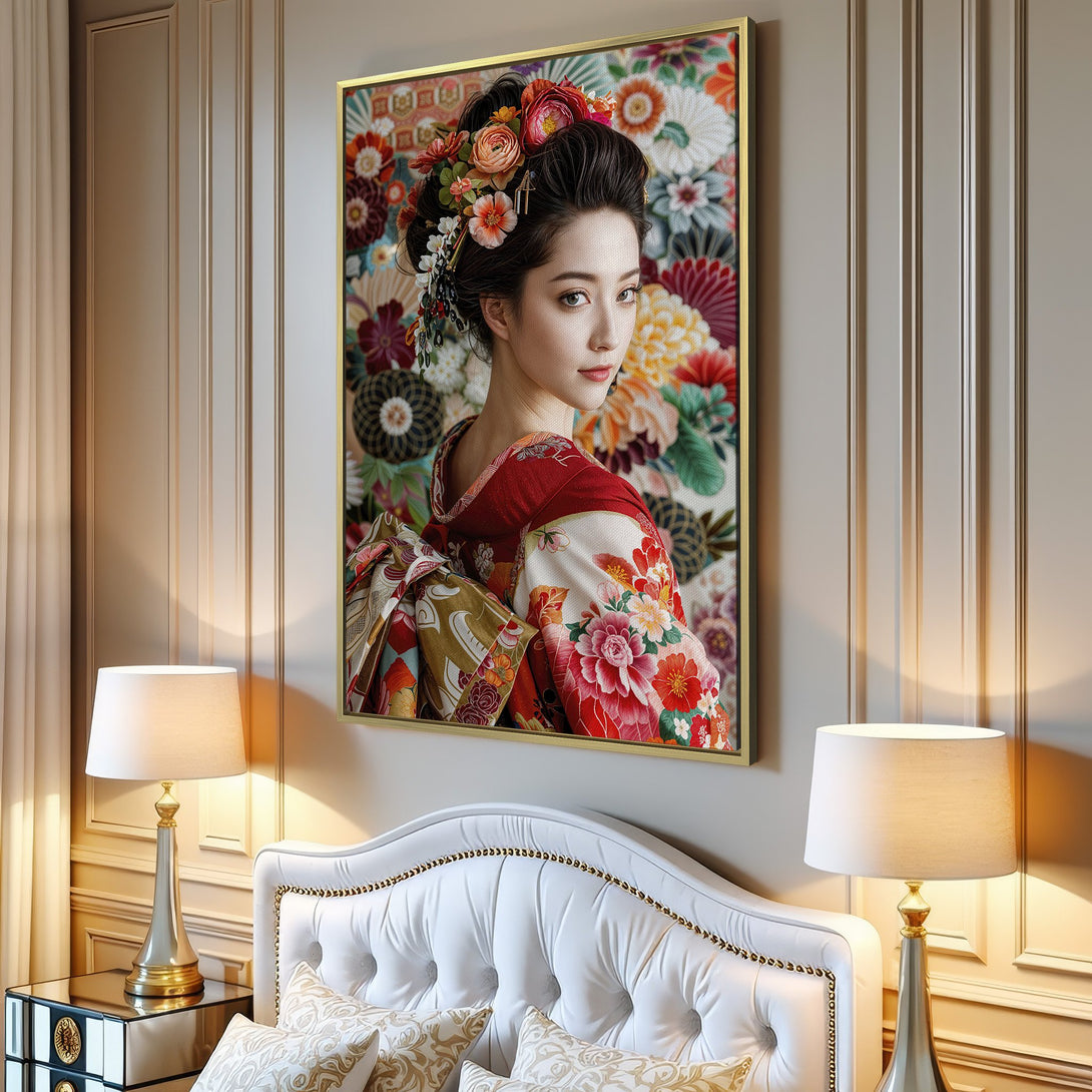 Canvas print of a geisha in a colorful kimono, floral background. Vibrant red, orange, and green palette. Perfect for adding a touch of elegance.