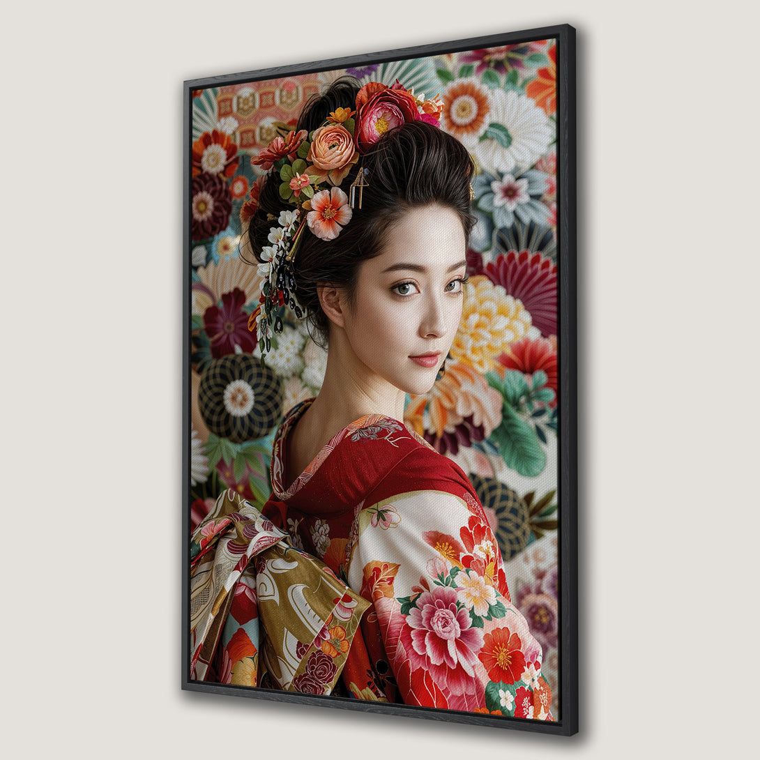 Framed Wall Art featuring a beautiful Japanese woman in a kimono, vibrant floral background. Rich red, orange, and floral color palette. Perfect for adding elegance.