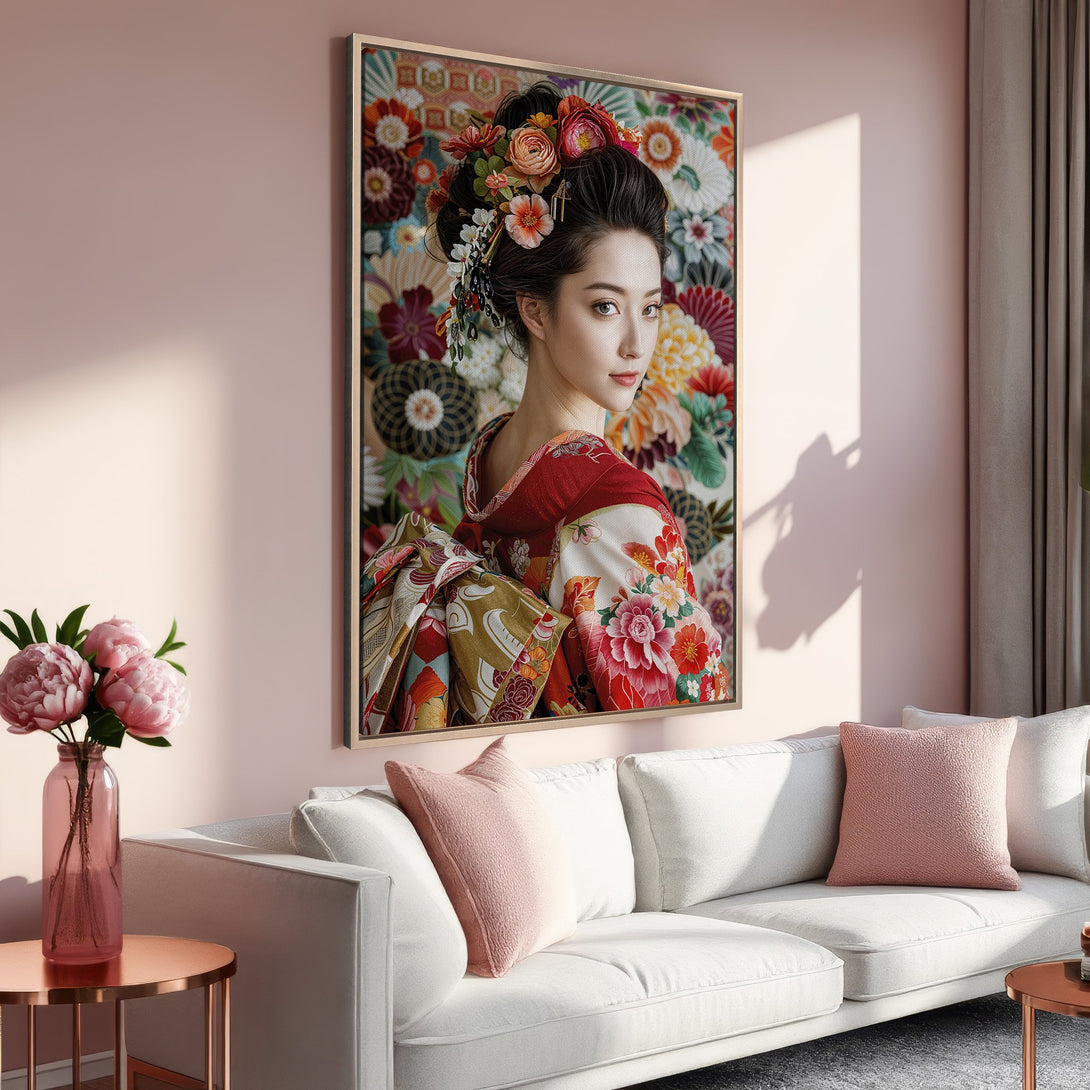Framed Wall Art featuring a geisha in a vibrant floral kimono. Soft pink and red palette, perfect for adding elegance to your home decor.