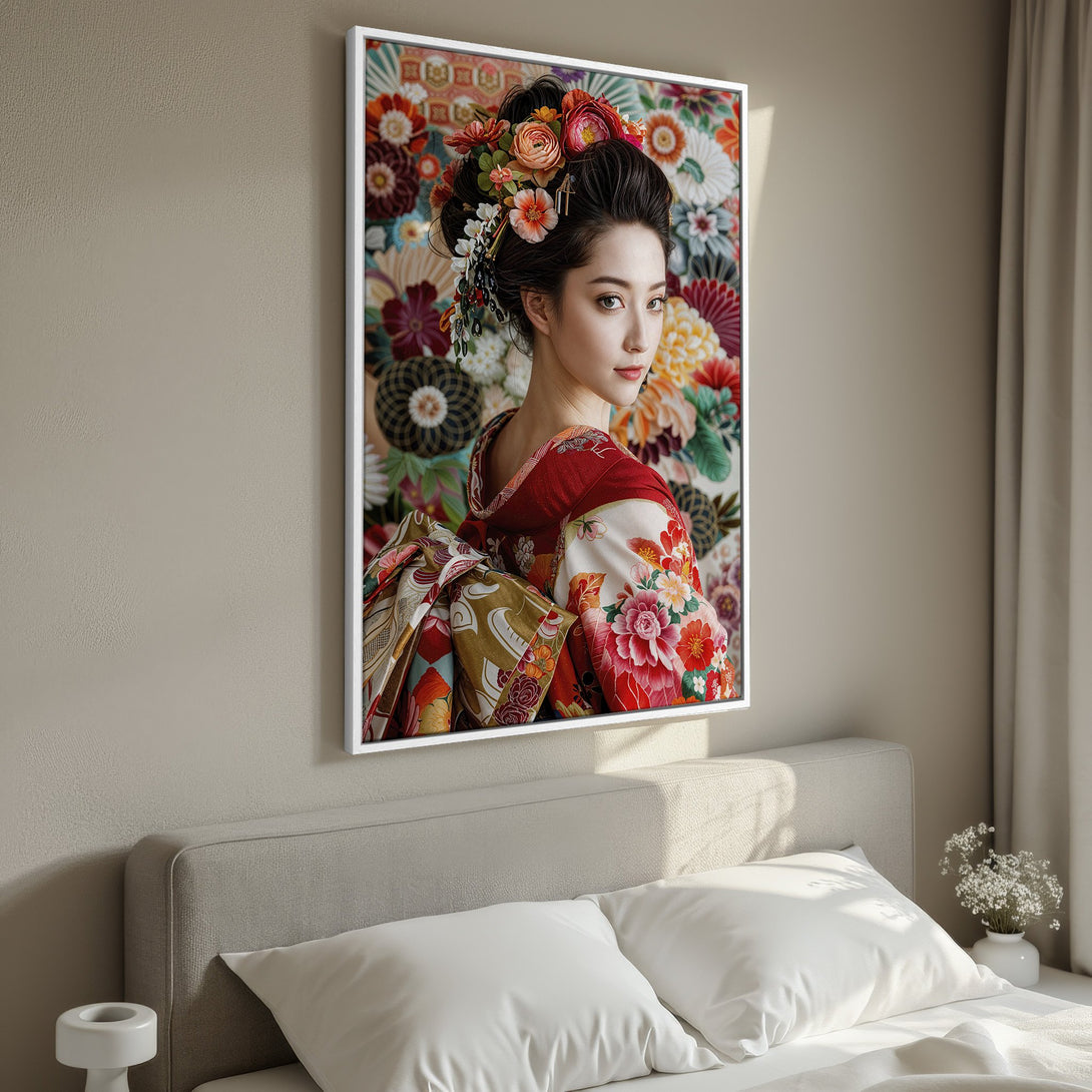 Framed Wall Art featuring a geisha in a vibrant kimono. Japanese-inspired art with a colorful floral palette. Perfect for bedroom decor.