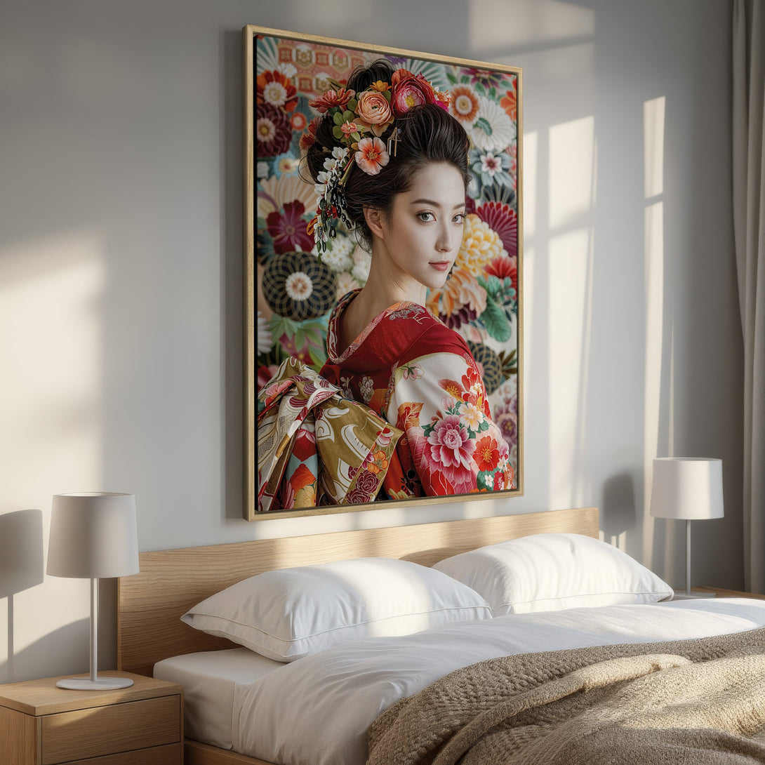 Framed Wall Art: Stunning Japanese geisha portrait with vibrant floral details. Rich red and floral palette adds elegance to any bedroom. Elevate your space today!