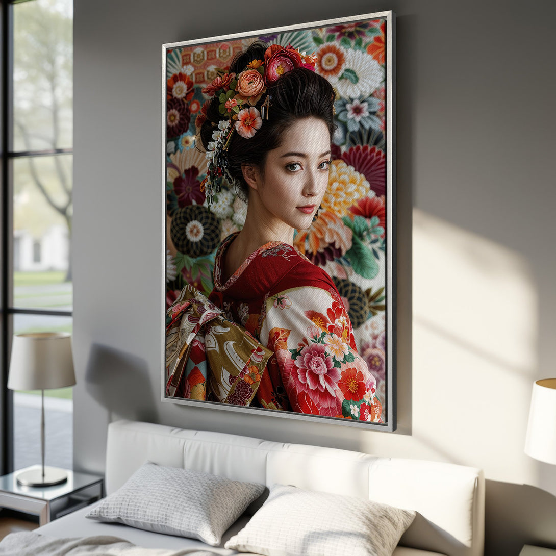 Framed Wall Art featuring a geisha in a colorful kimono. Vibrant floral background with red, orange, and green hues. Perfect for adding a touch of elegance.