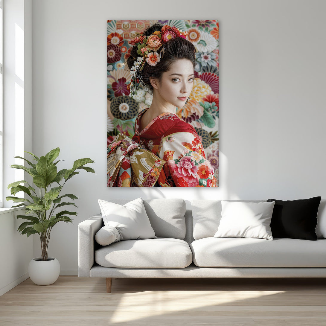 Framed Wall Art of a geisha in a kimono, vibrant floral design. Rich red, gold, and floral color palette. Perfect for bedroom decor.