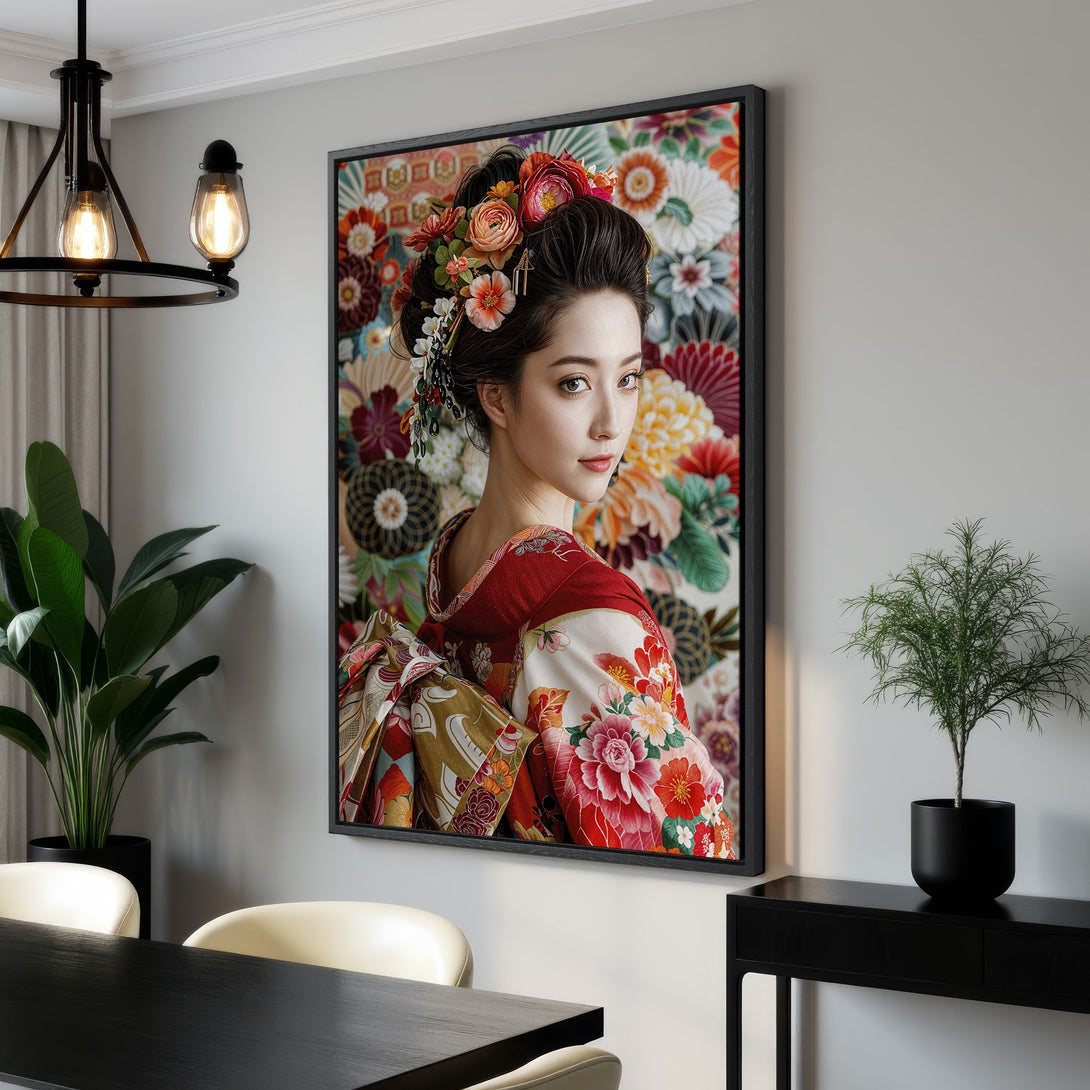 Framed Wall Art: Japanese Geisha portrait with floral background. Vibrant red, orange, and floral hues. Stunning art for your home decor.