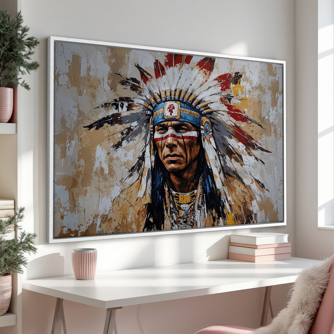 Framed Wall Art: Native American portrait in a textured, abstract style. Earthy tones with pops of red, blue, and gold. Perfect for adding a touch of history to your space.