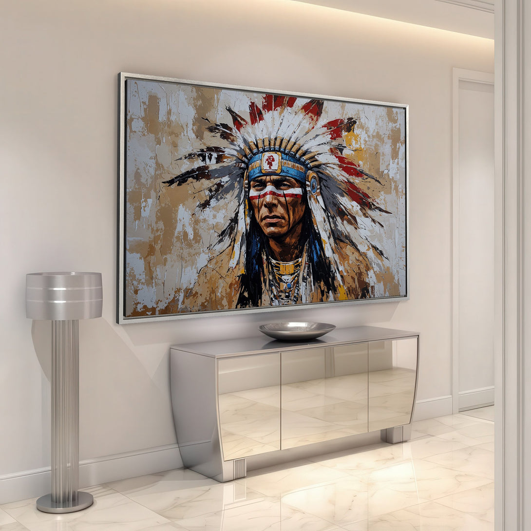 Framed Wall Art: Native American portrait canvas print in warm earth tones. Enhance your space with this captivating, textured artwork.