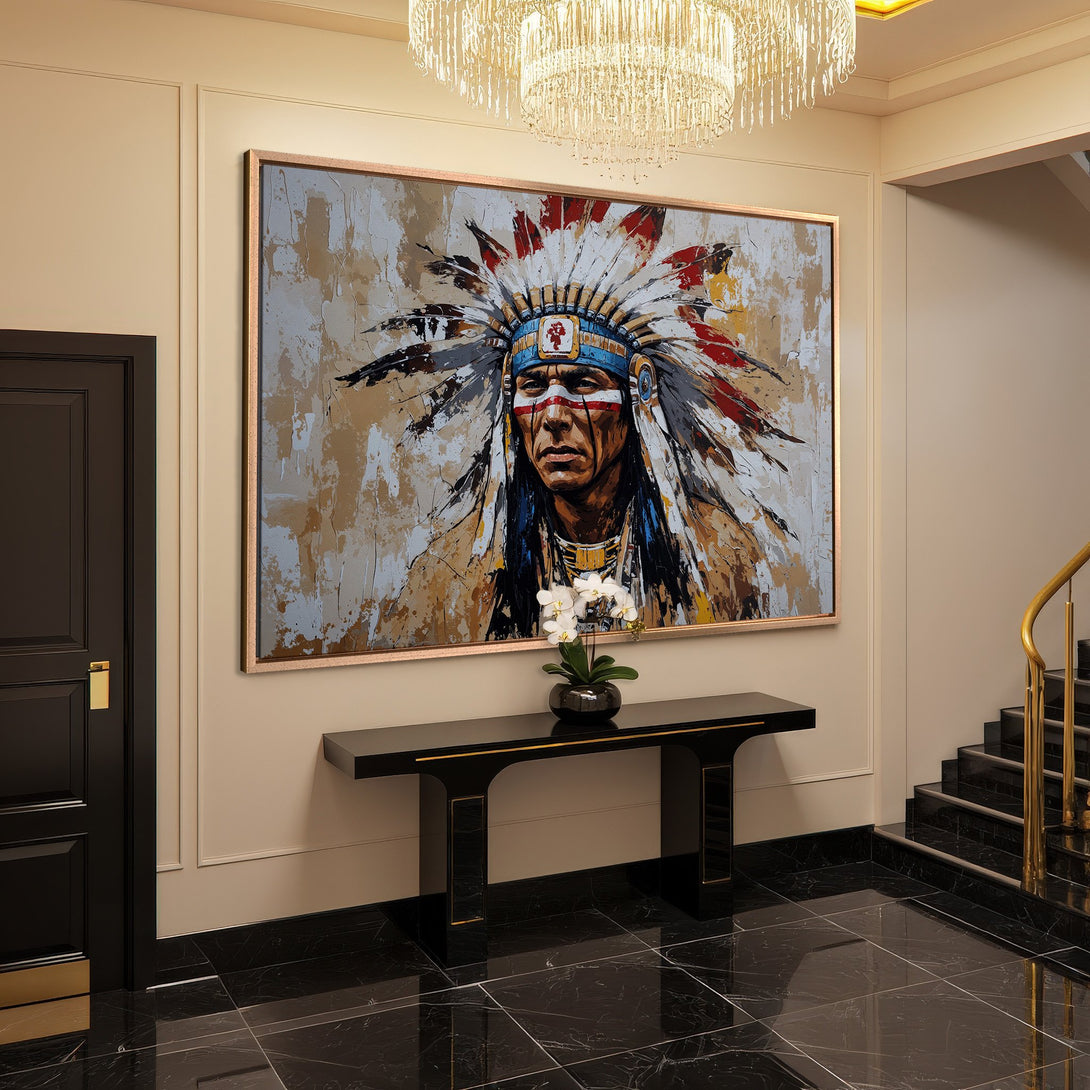 Framed Wall Art: Native American portrait in earthy tones. Modern interior design with a striking canvas print.