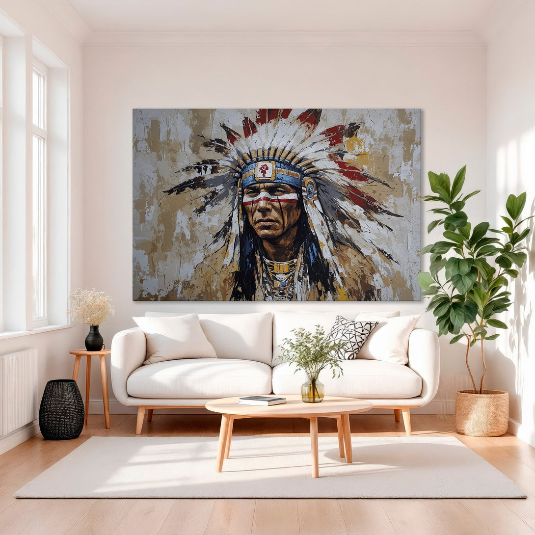 Framed Wall Art: Native American portrait canvas print with a warm, neutral color palette. Perfect for adding a touch of elegance to your home decor.