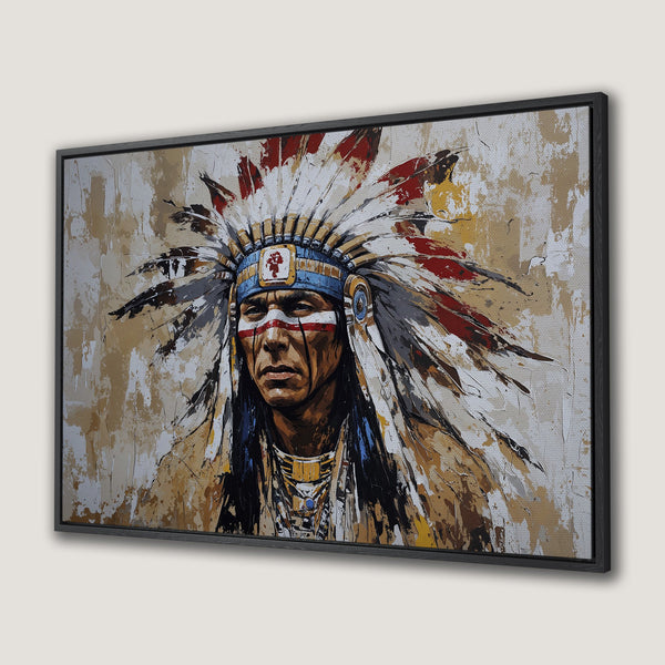 Framed Wall Art Canvas Print of Native American Chief. Modern abstract style with earthy tones, red, and blue. Perfect for adding cultural art to your home.