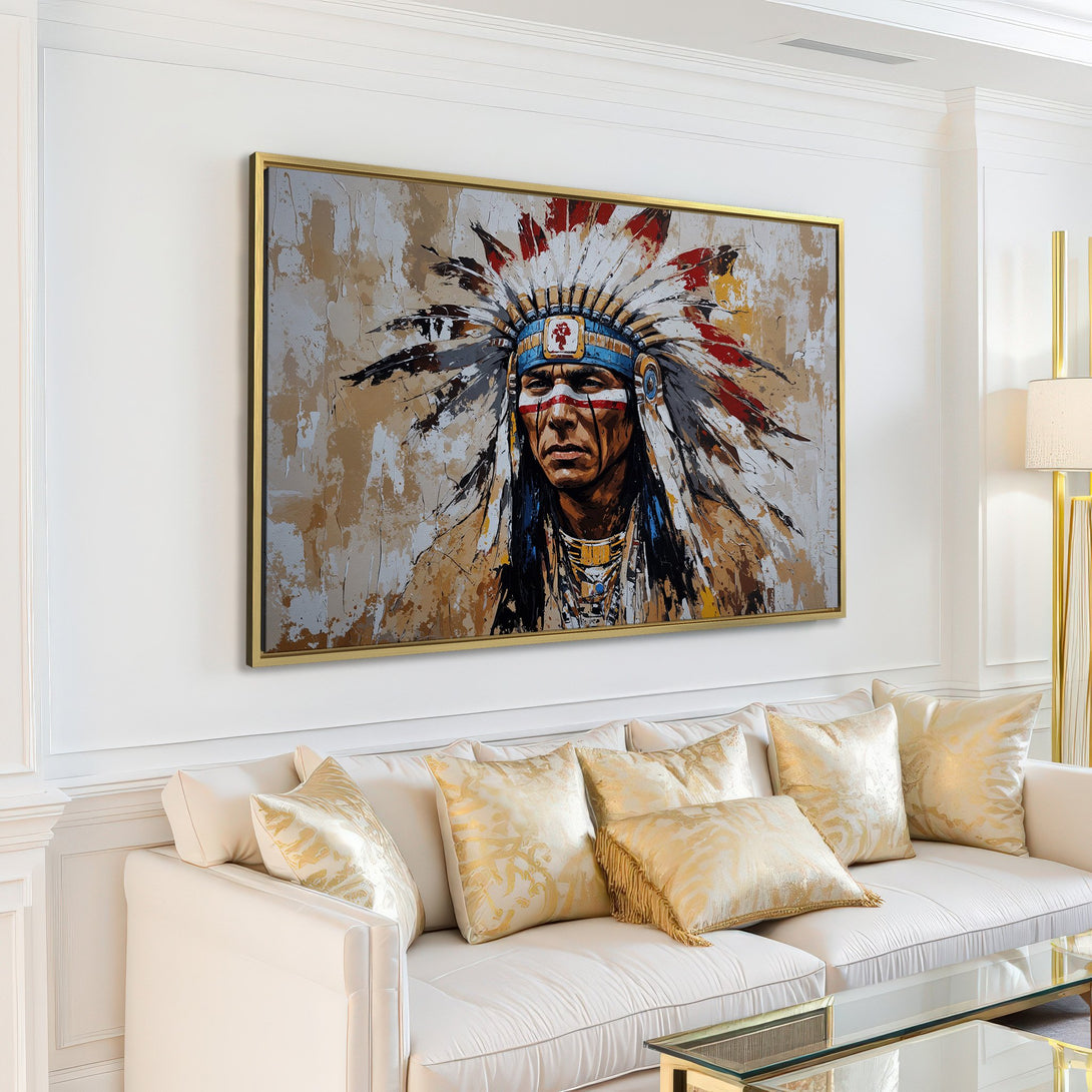 Canvas Print of Native American portrait with a neutral color palette. Perfect for living room decor.