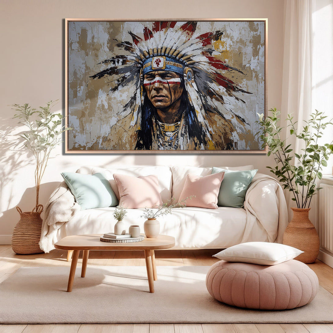 Framed Wall Art: Native American portrait in warm, neutral tones. Abstract style Canvas Print adds a touch of culture and elegance to any space.