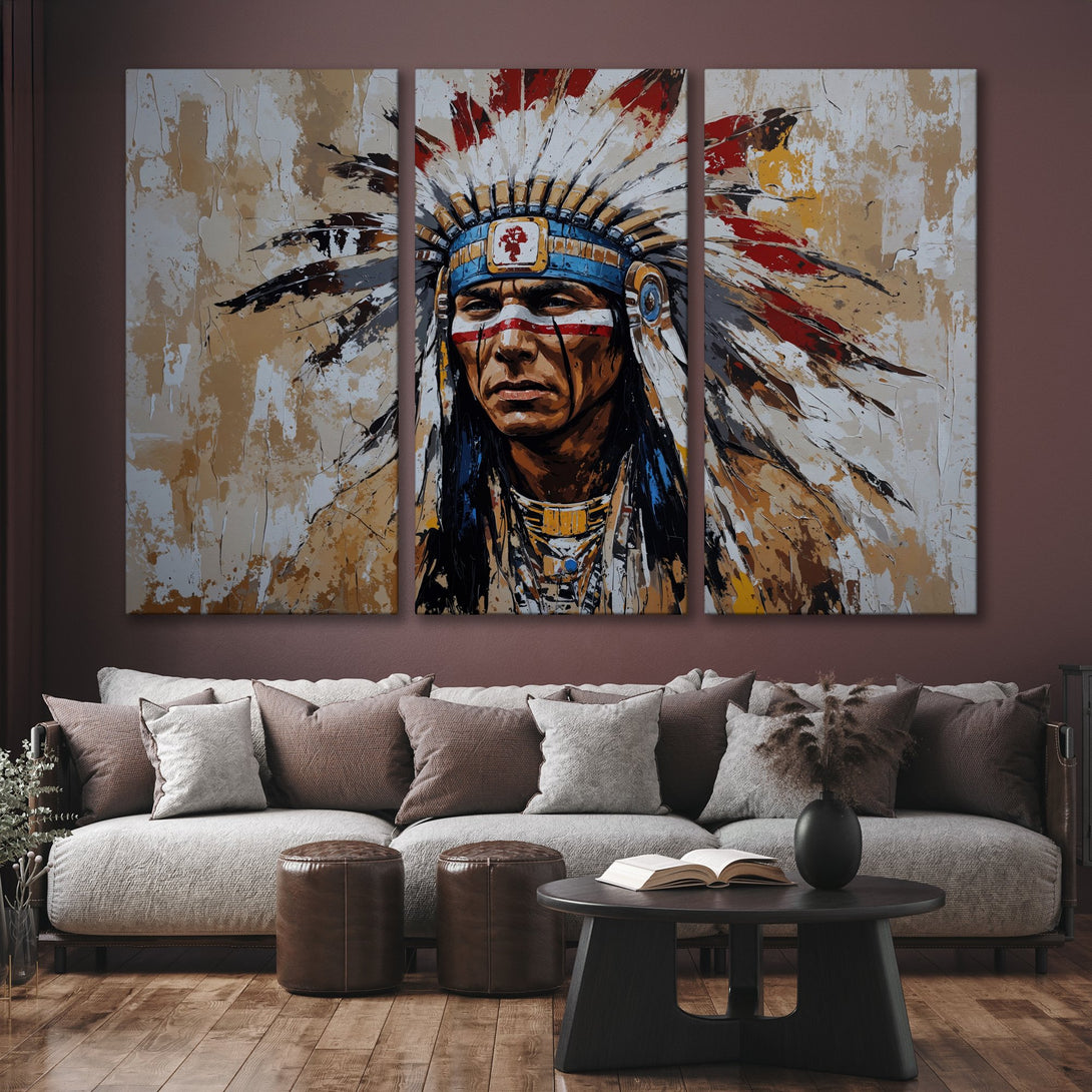 Canvas Print of Native American portrait in a modern, textured style with warm, earthy tones. Perfect for living room decor!