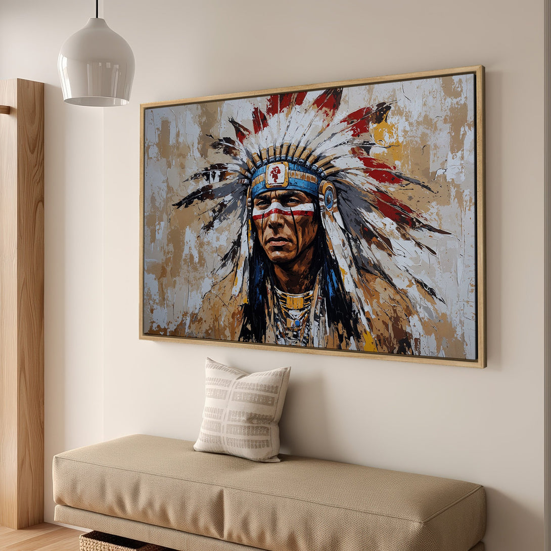 Framed Wall Art: Native American portrait canvas print in warm earth tones. Modern art style with a bold, textured finish. Perfect for home decor.