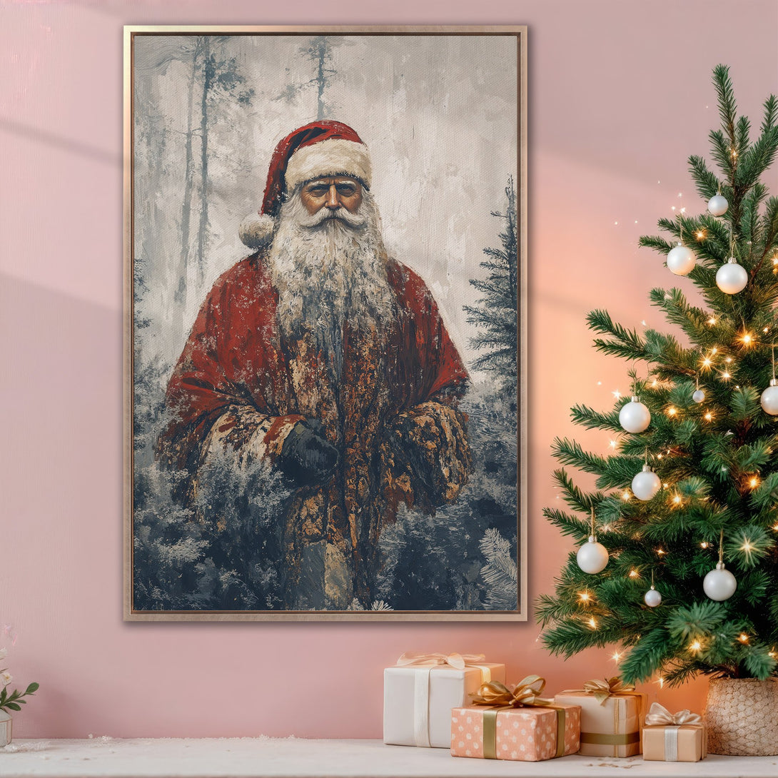 Framed Wall Art: Santa Claus portrait in a painterly style with a red and white color palette. Perfect Christmas decor for your home!