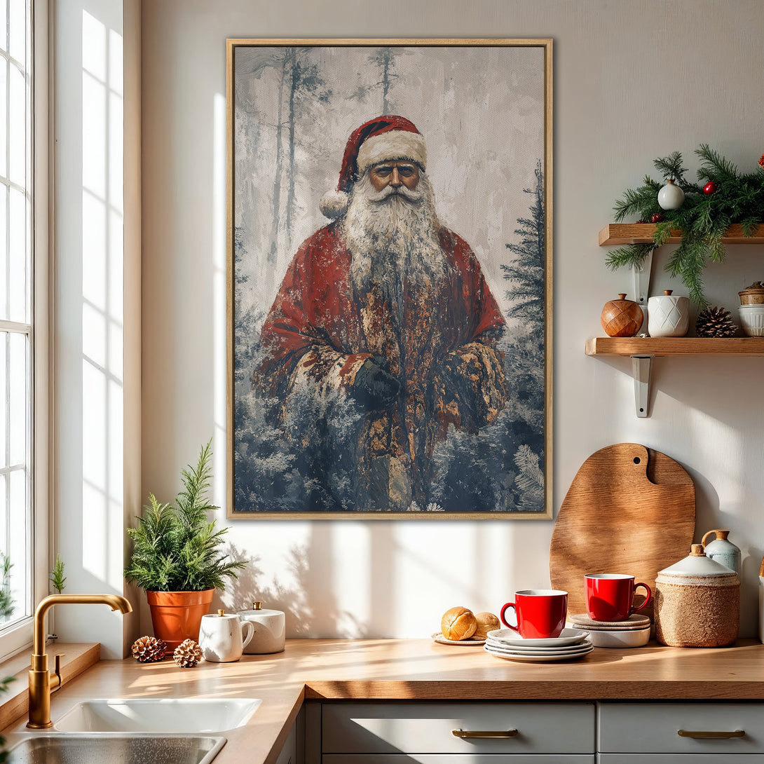 Framed Wall Art: Vintage Santa Claus painting in a cozy kitchen. Features a red and blue color palette, perfect for holiday decor. Bring the Christmas spirit home!