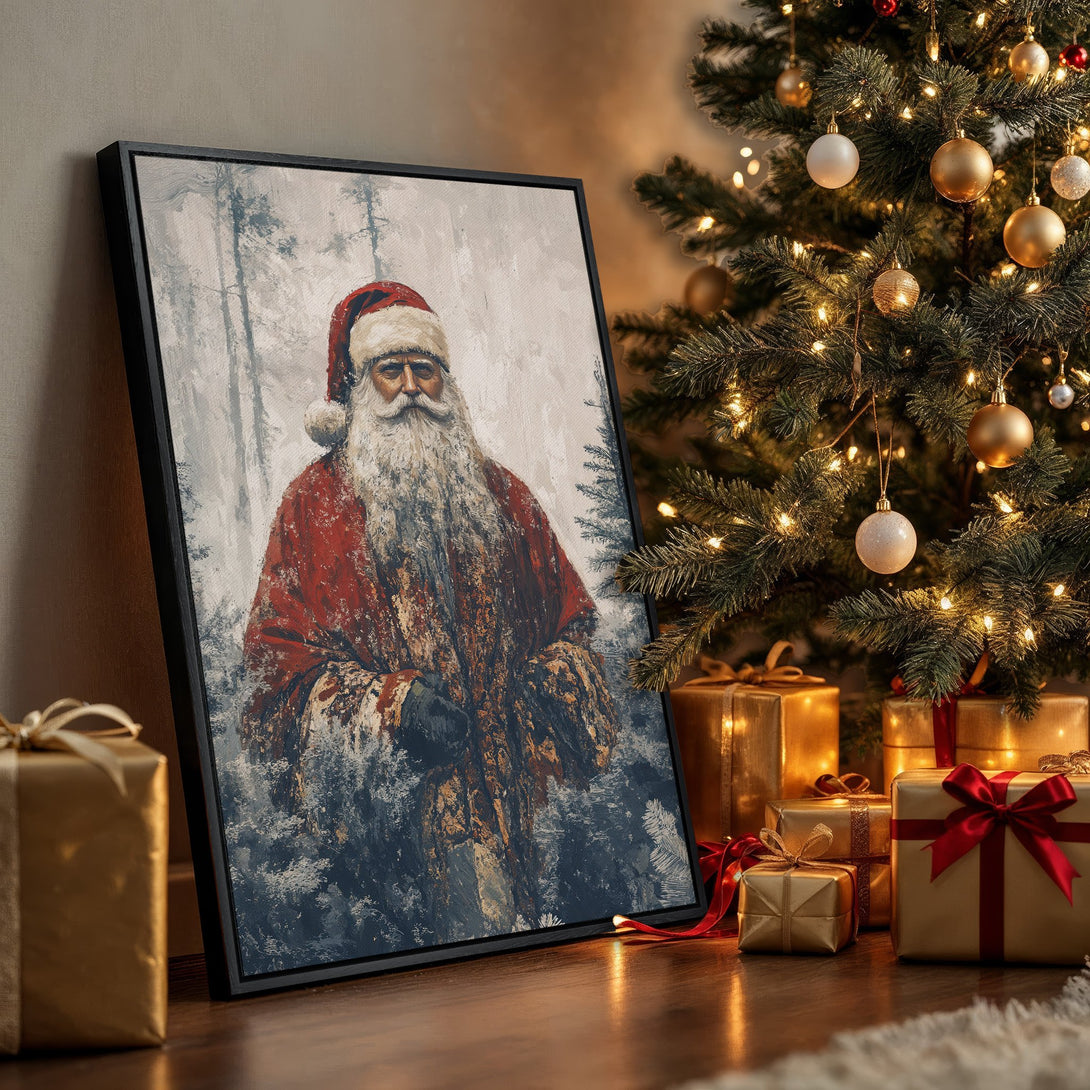 Framed Wall Art featuring a vintage Santa Claus painting, perfect for Christmas decor. Warm red and gold color palette adds festive charm to any room.